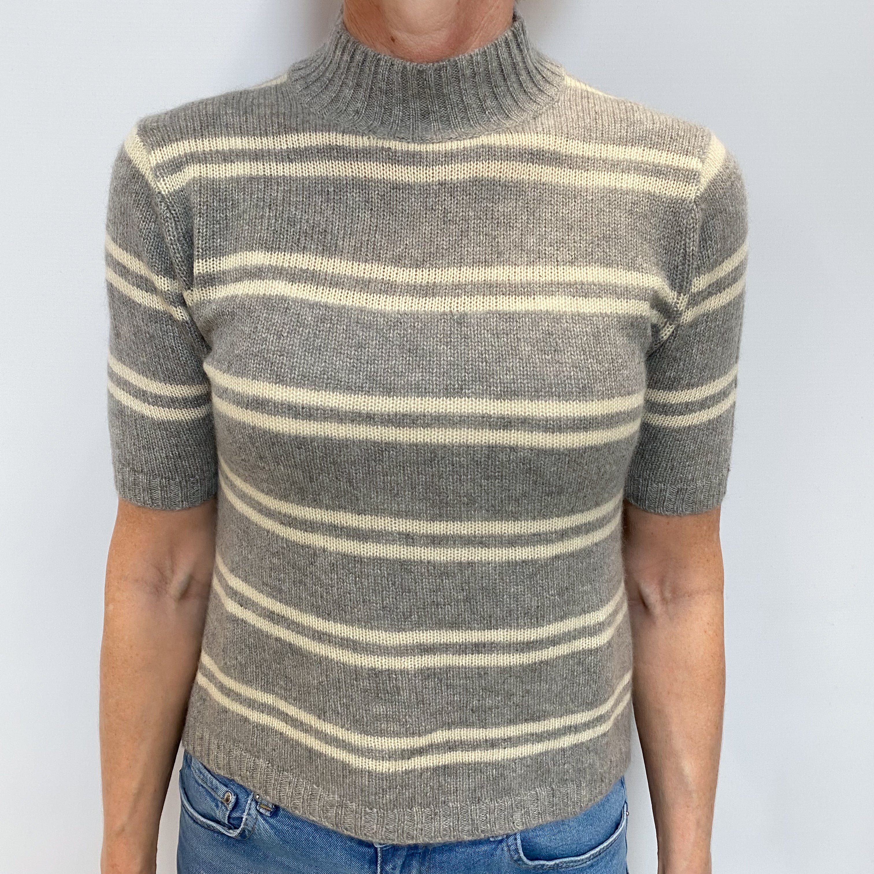 Grey Striped Cashmere Turtle Neck Jumper Small