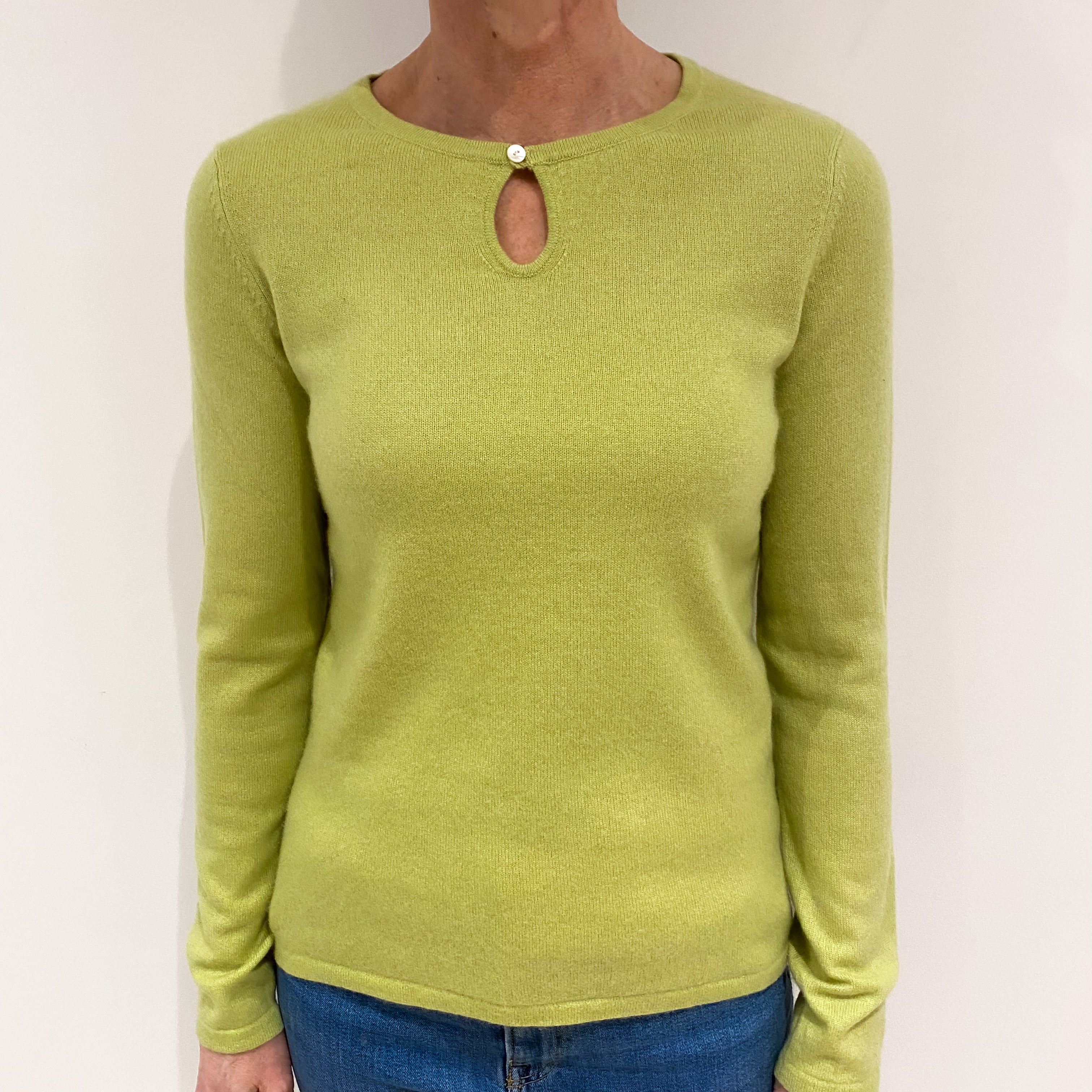 Avocado Green Cashmere Keyhole Crew Neck Jumper Small