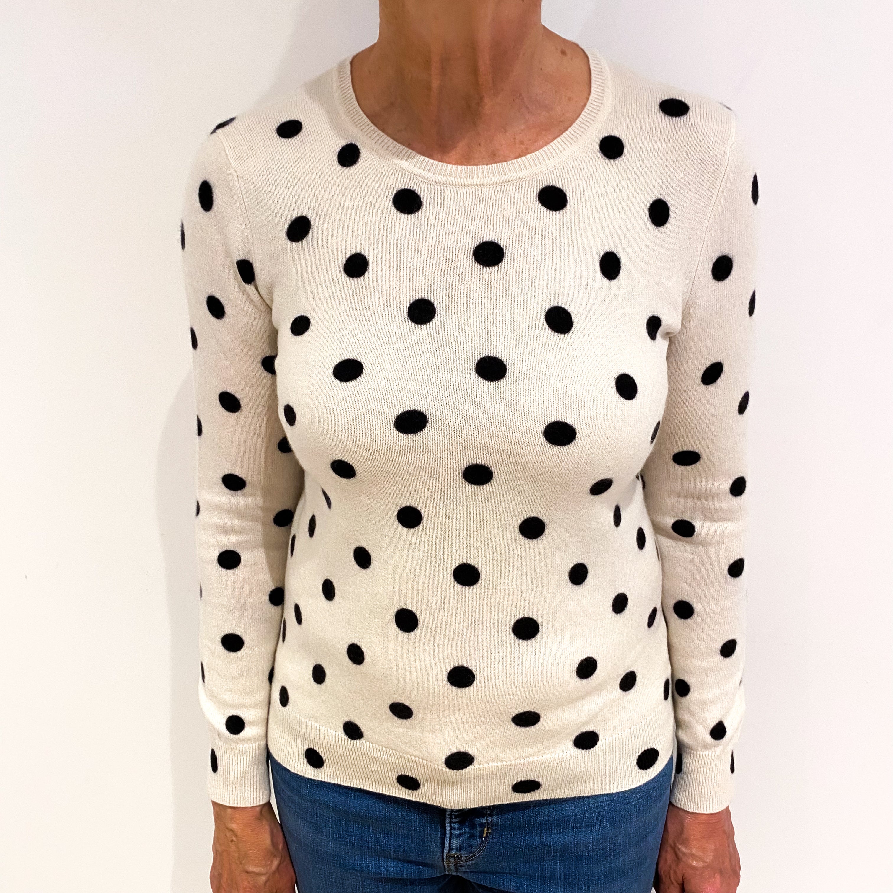 Cream Polka Dot Cashmere Crew Neck Jumper Medium