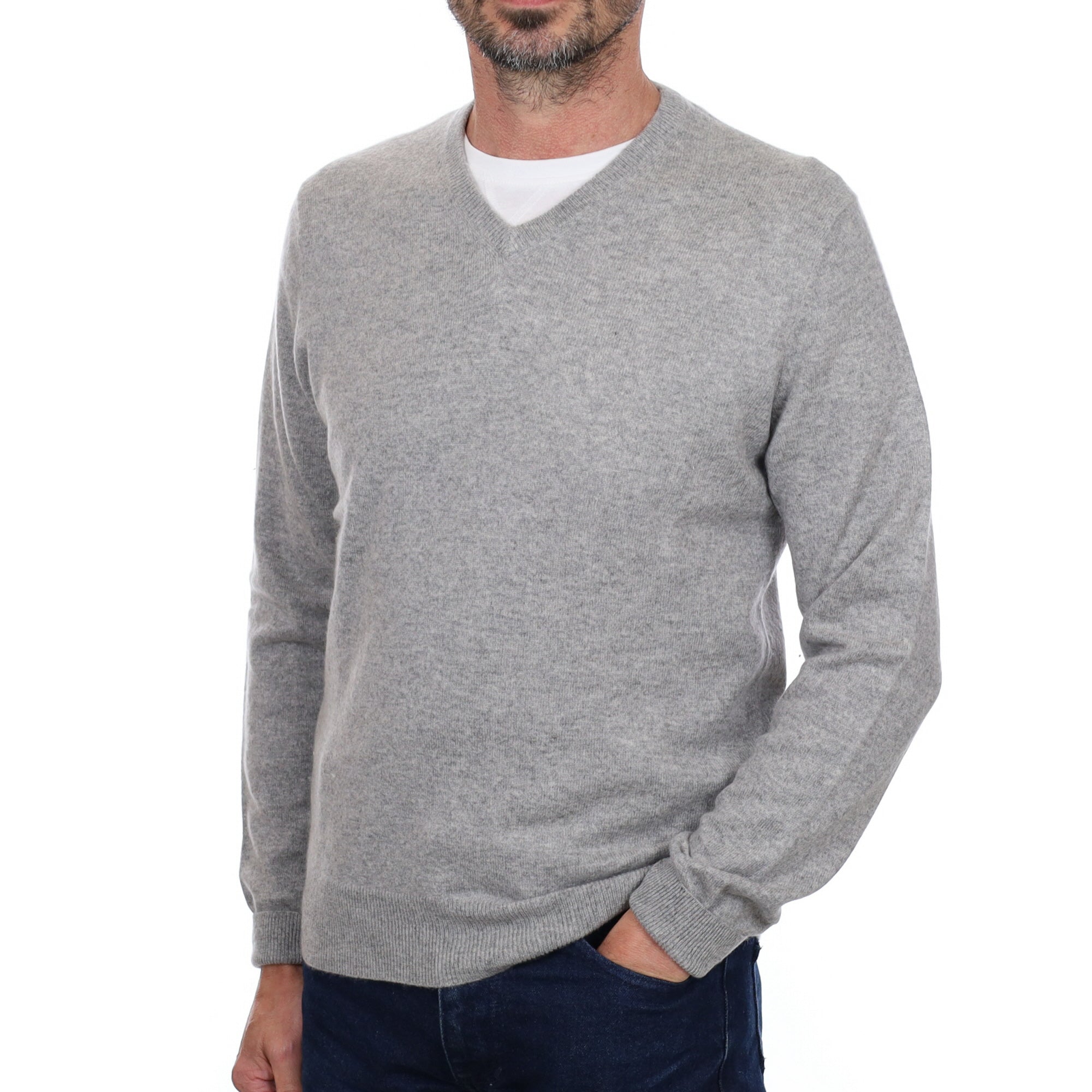 Men's Smoke Grey Cashmere V Neck Jumper Small