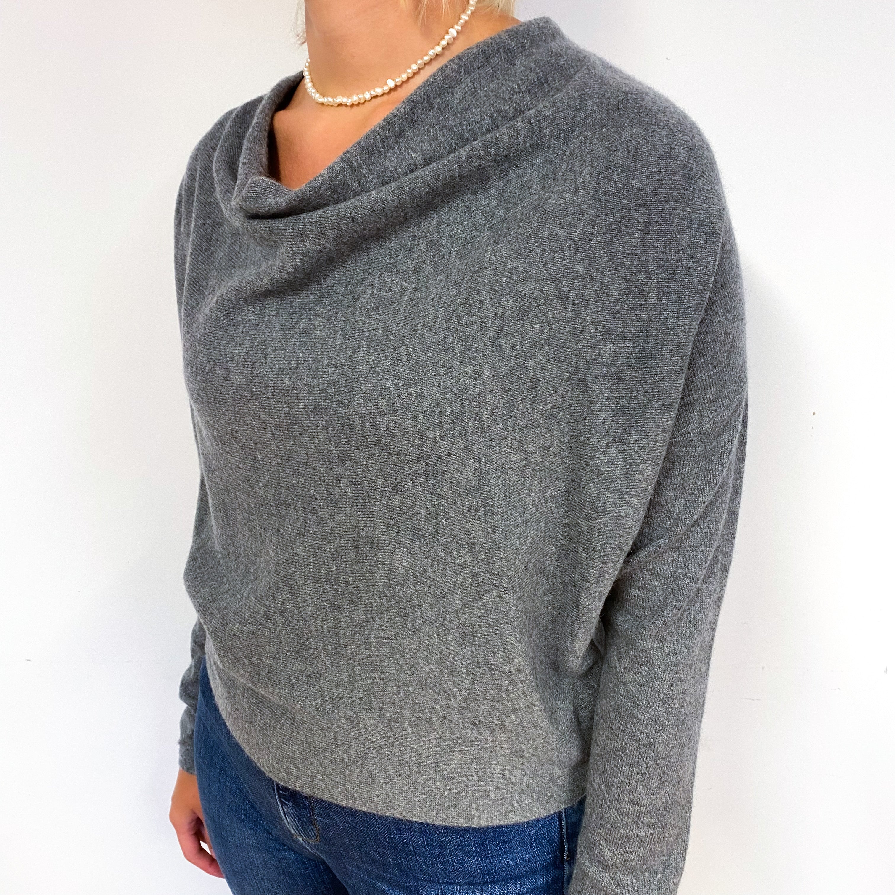 Steel Grey Batwing Cashmere Slouch Neck Jumper Small
