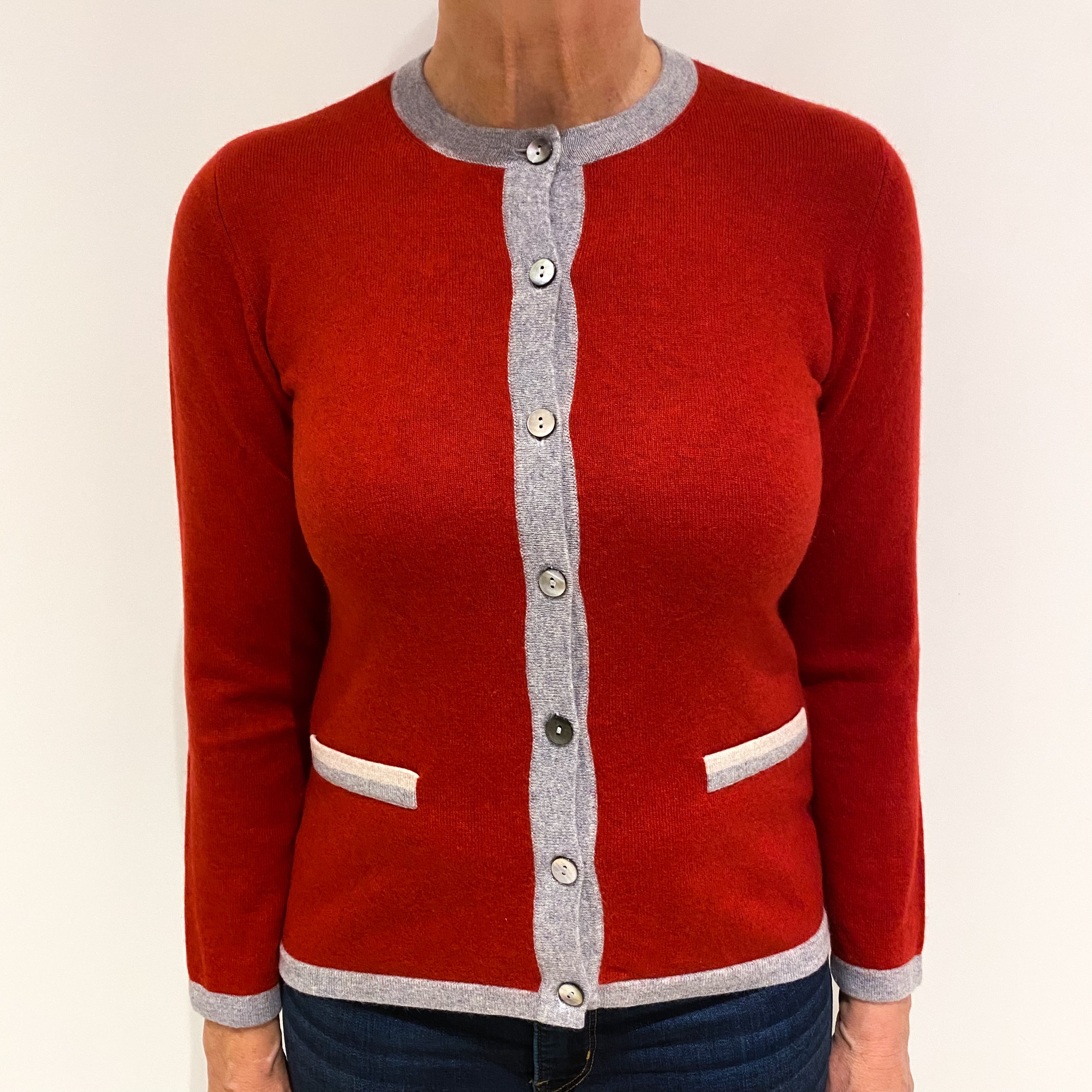 Paprika Red and Grey Trim Cashmere Crew Neck Cardigan Medium