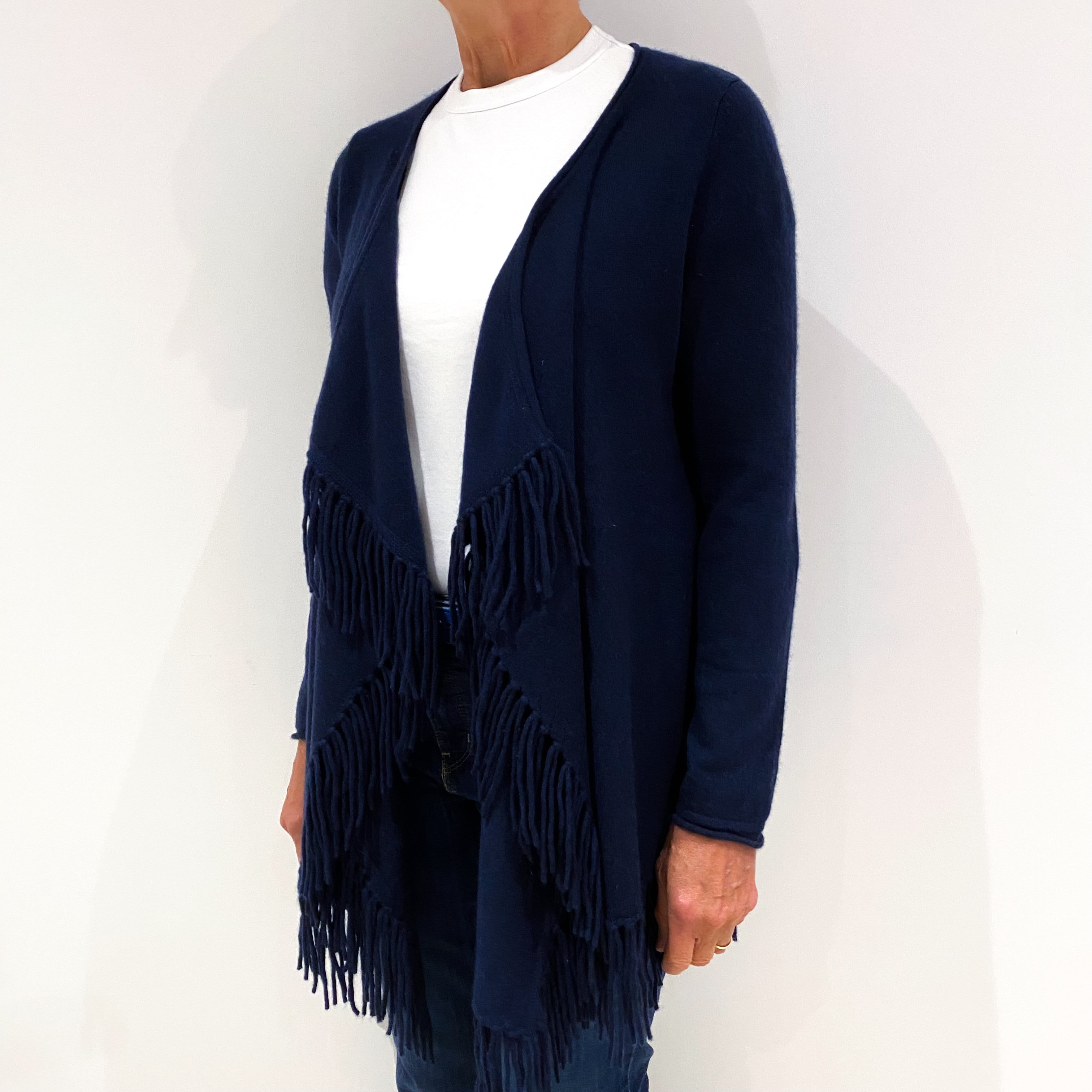 Navy Blue Fringed Cashmere Edge To Edge Cardigan Medium