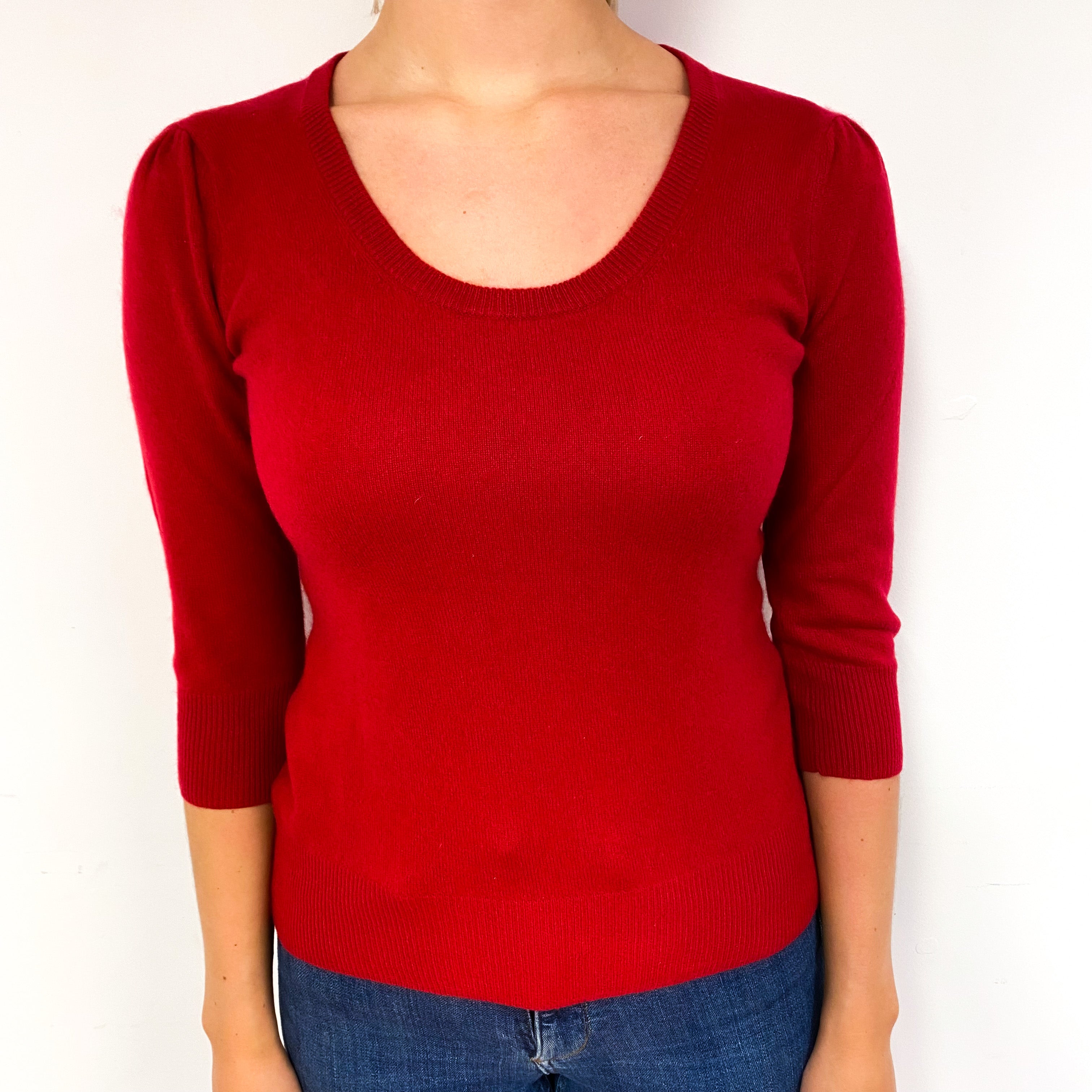 Post Box Red 3/4 Sleeve Cashmere Crew Neck Jumper Small