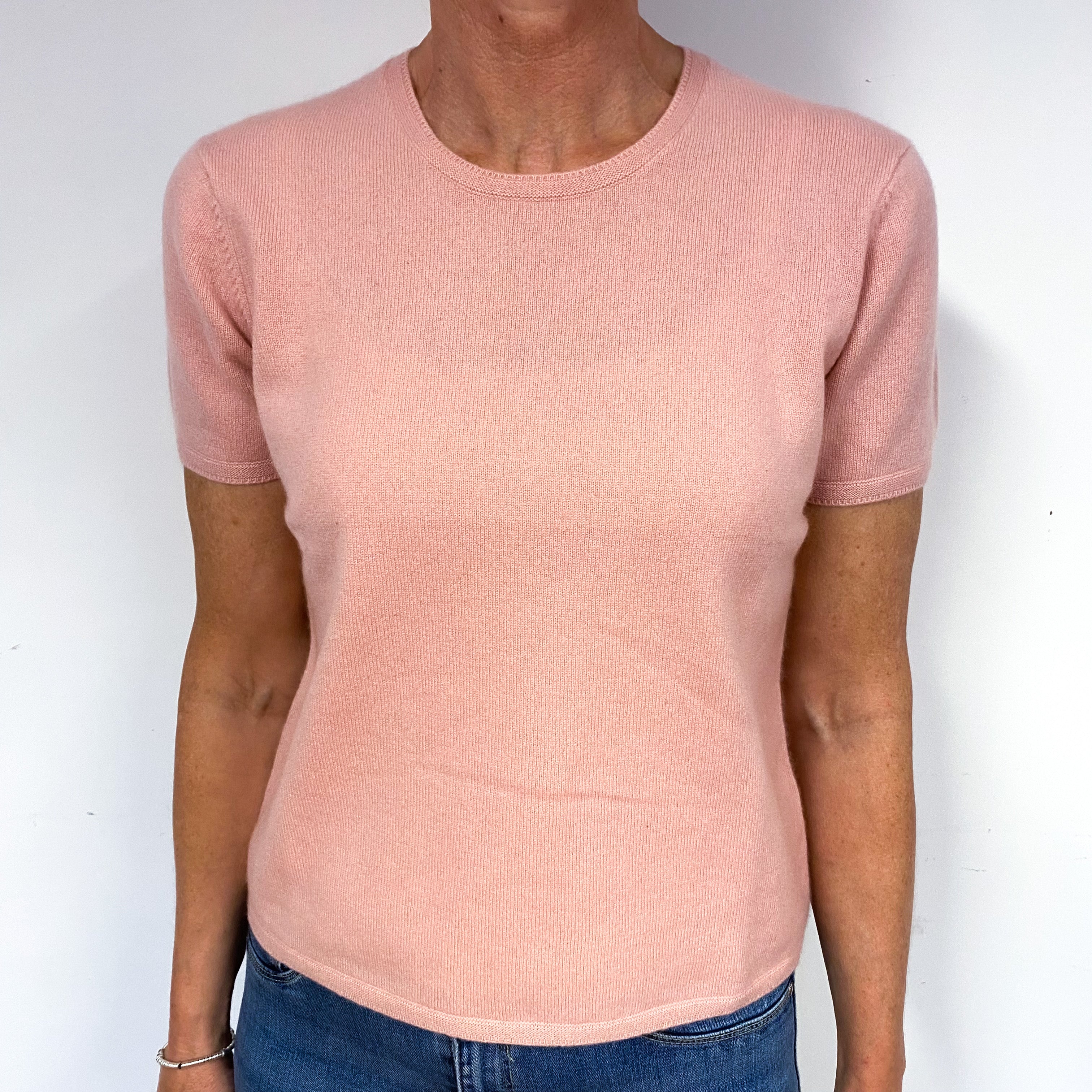 Blush Pink Short Sleeve Cashmere Crew Neck Jumper Medium