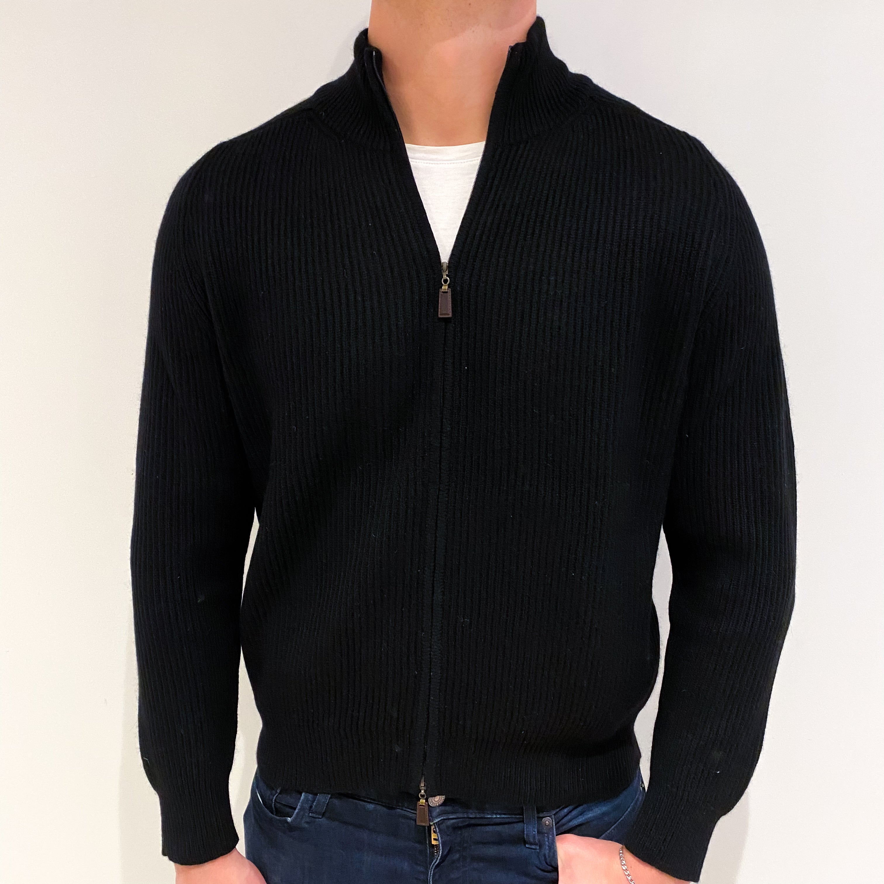 Men's Black Cashmere Turtle Neck Zip Up Cardigan XL