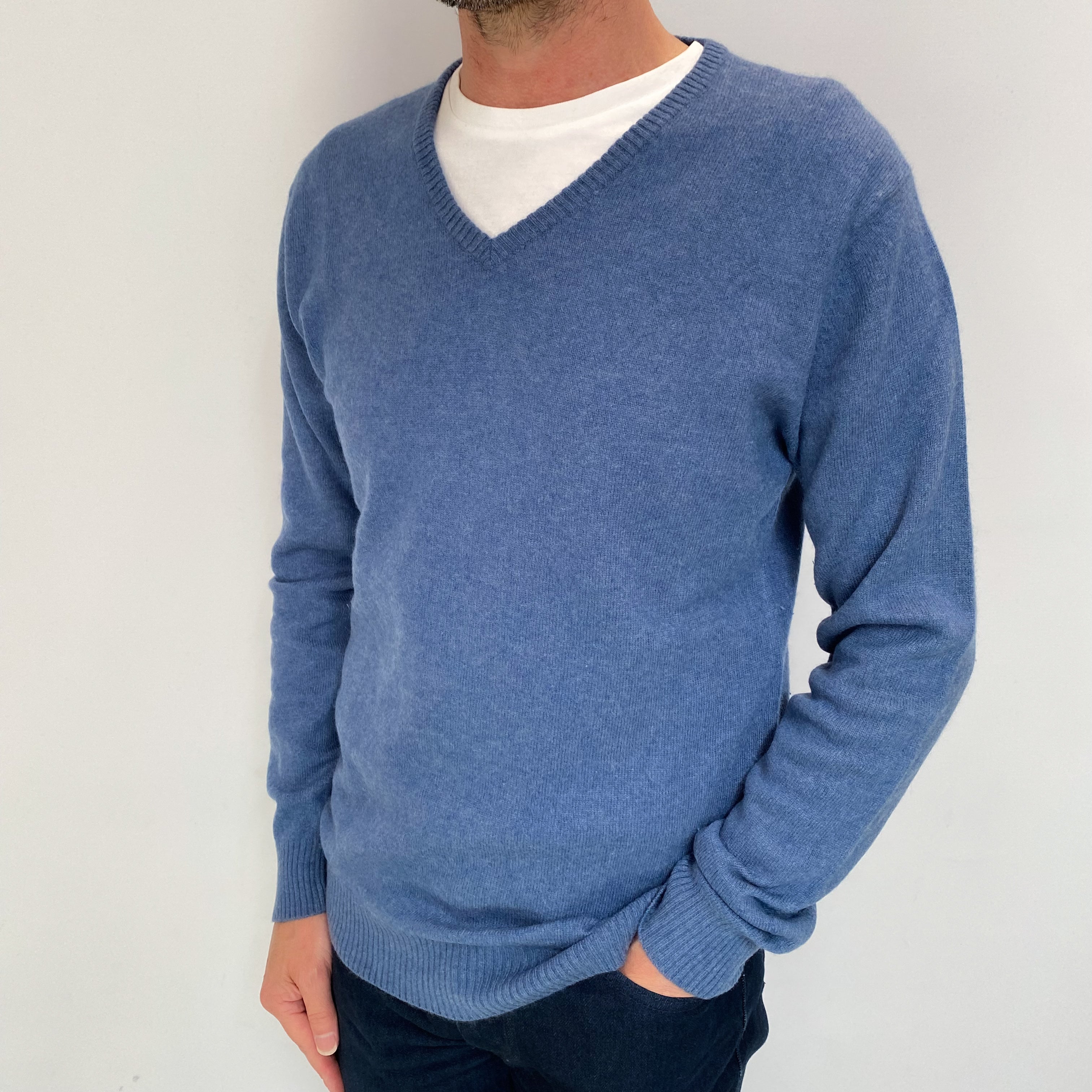 Men's Denim Blue Cashmere V Neck Jumper Small