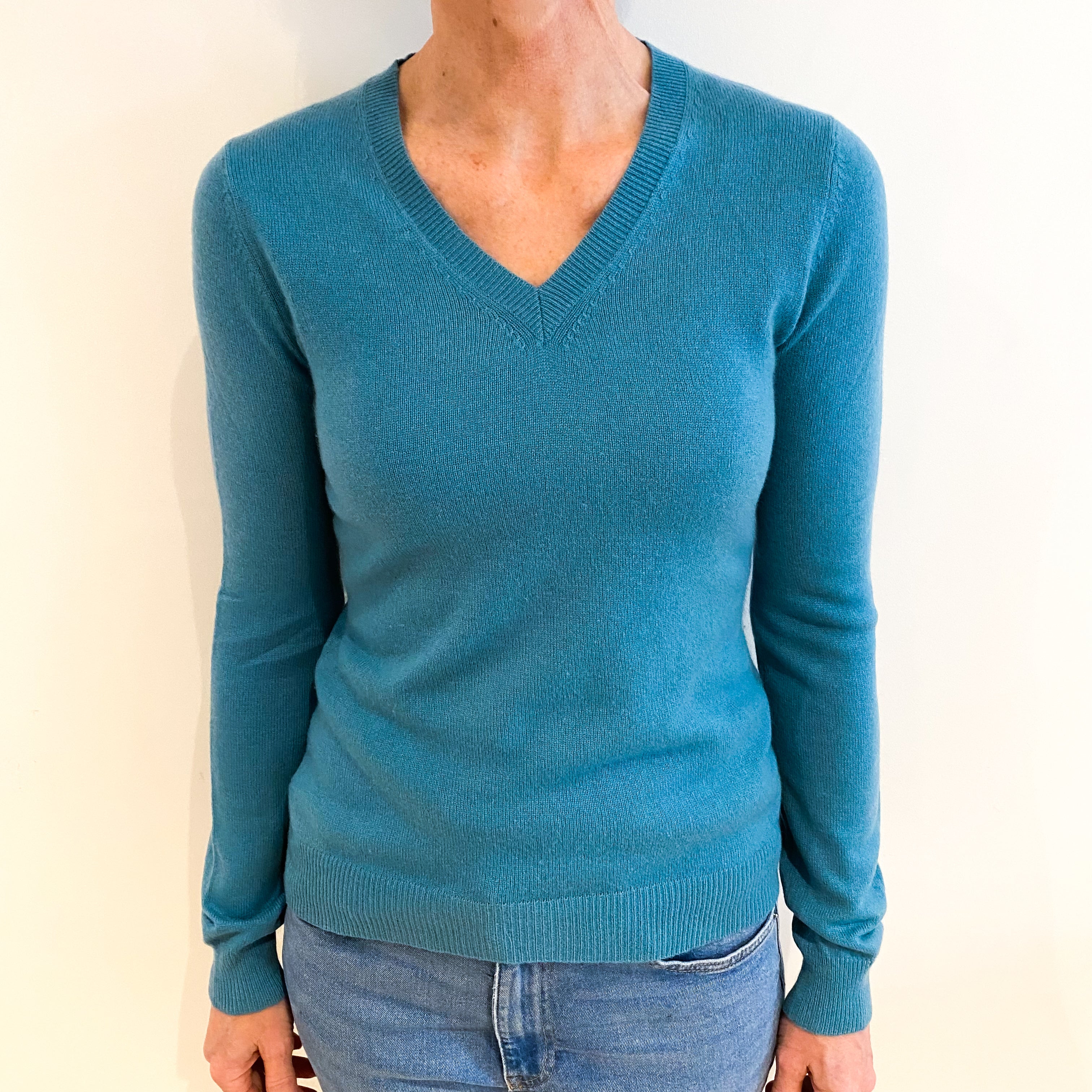 Deep Aqua Cashmere V Neck Jumper Small