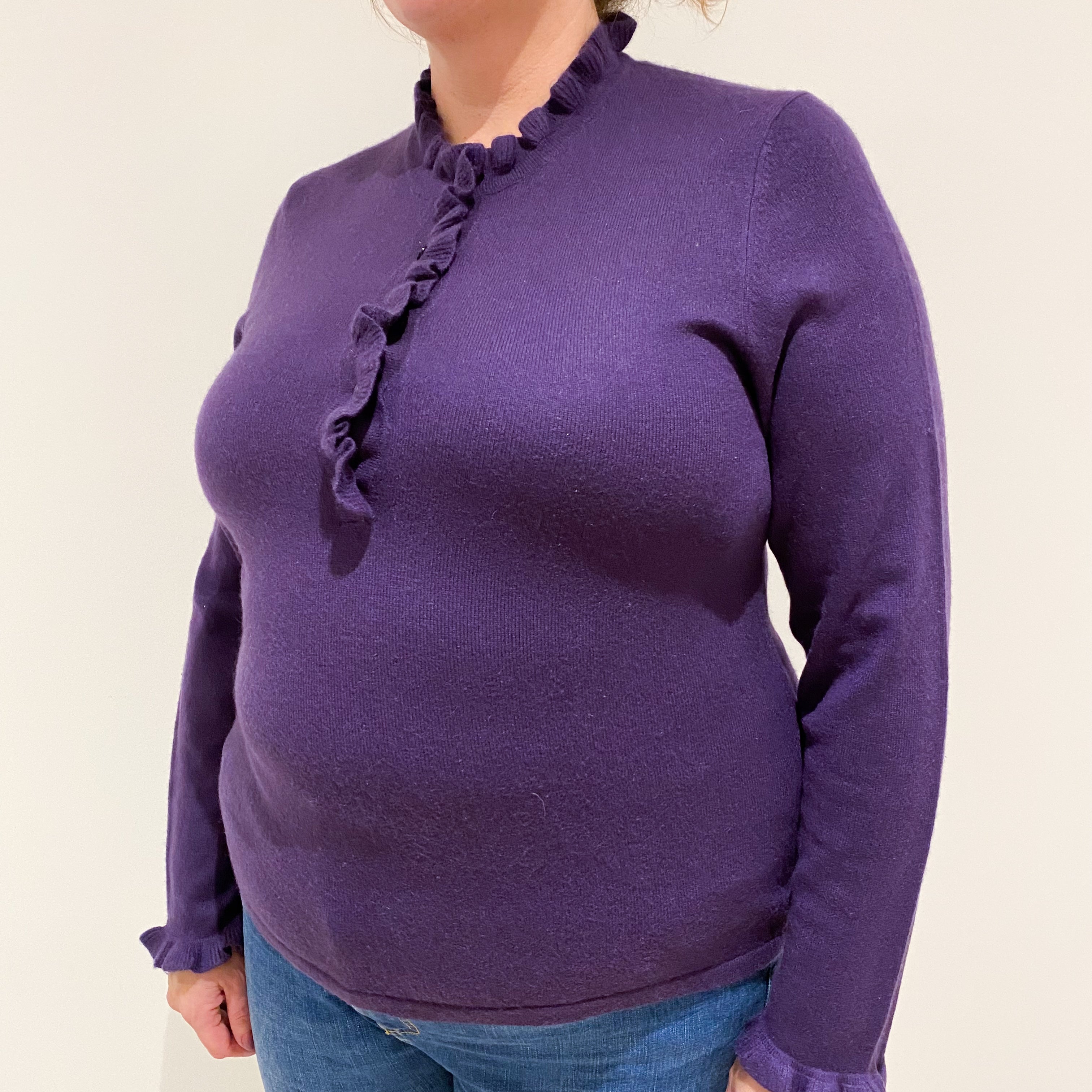 Iris Purple Cashmere Frilled Quarter Button Jumper Extra Large