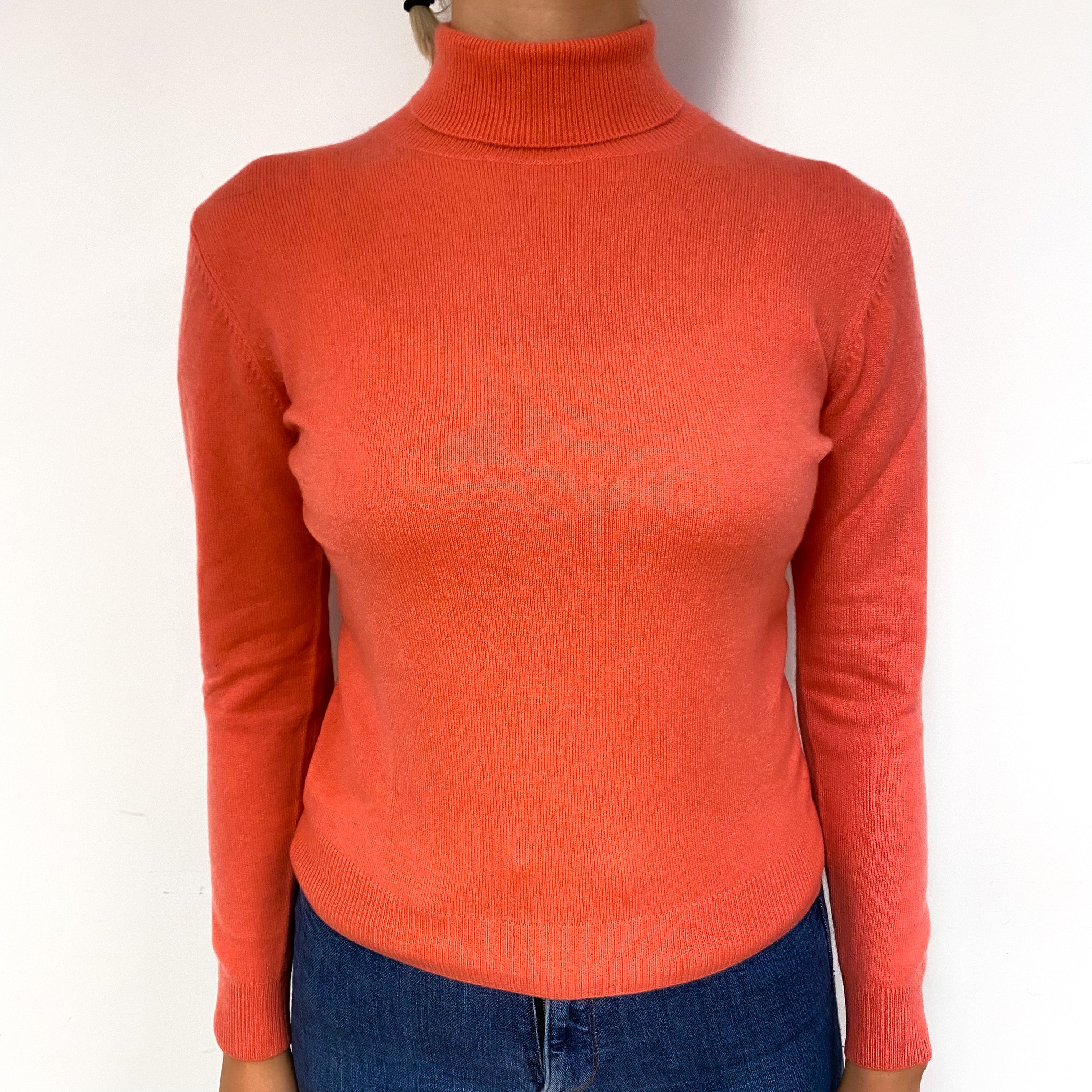 Deep Coral Orange Cashmere Polo Neck Jumper Small