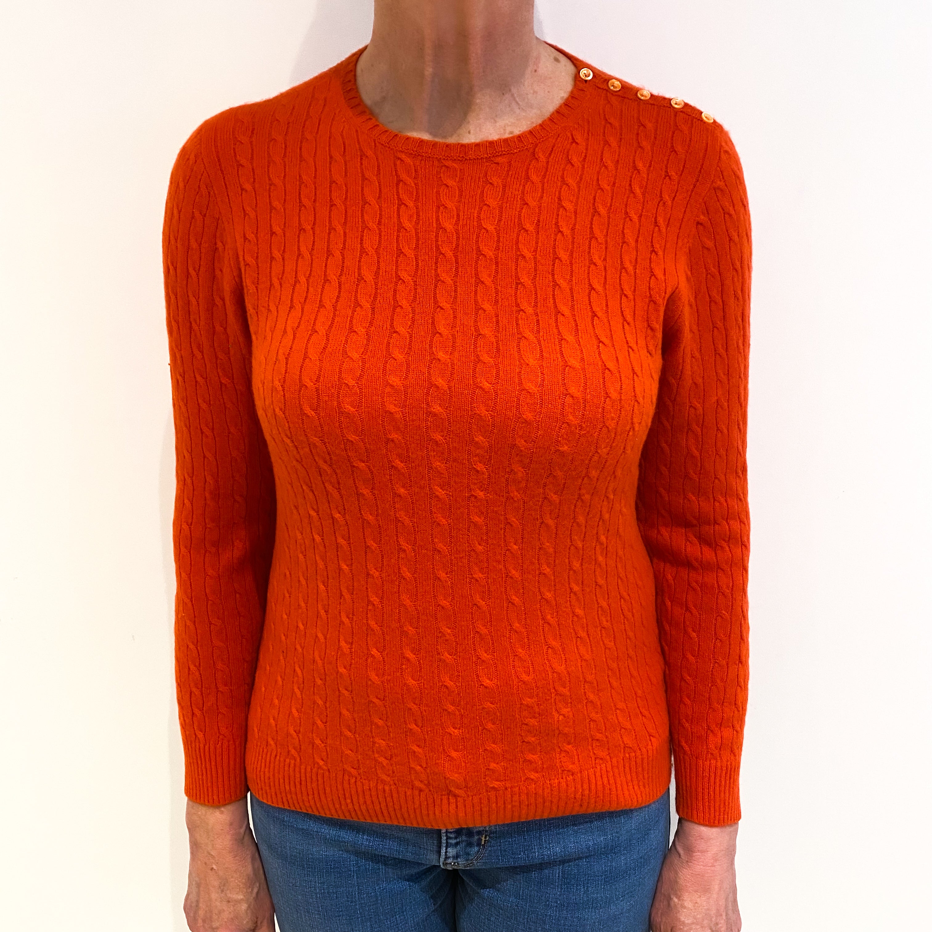 Vermillion Orange Cashmere Crew Neck Cable Knit Jumper Medium