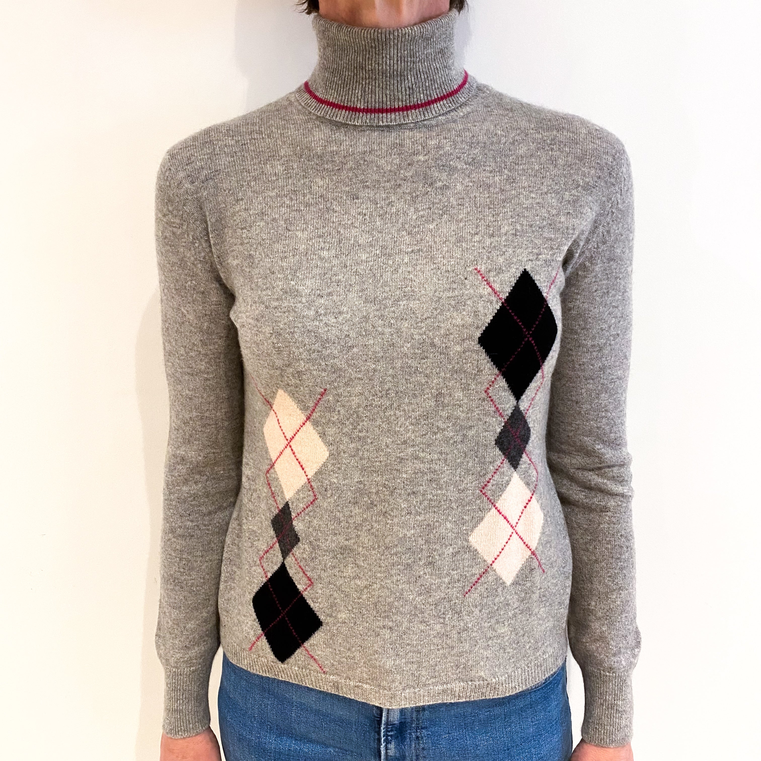 Smoke Grey And Pink Diamond Pattern Cashmere Polo Neck Jumper Small