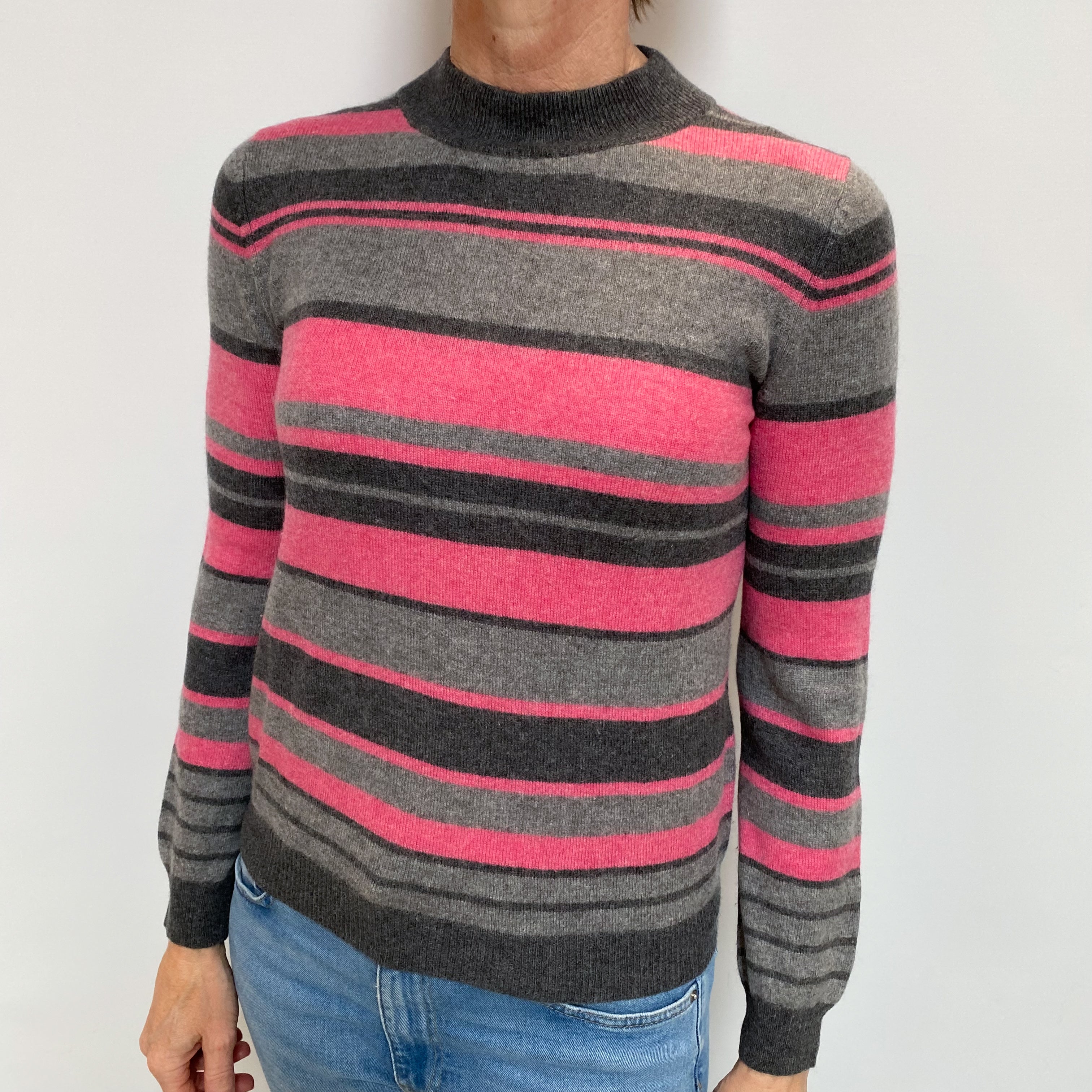 Pink and Grey Striped Cashmere Turtle Neck Jumper Small