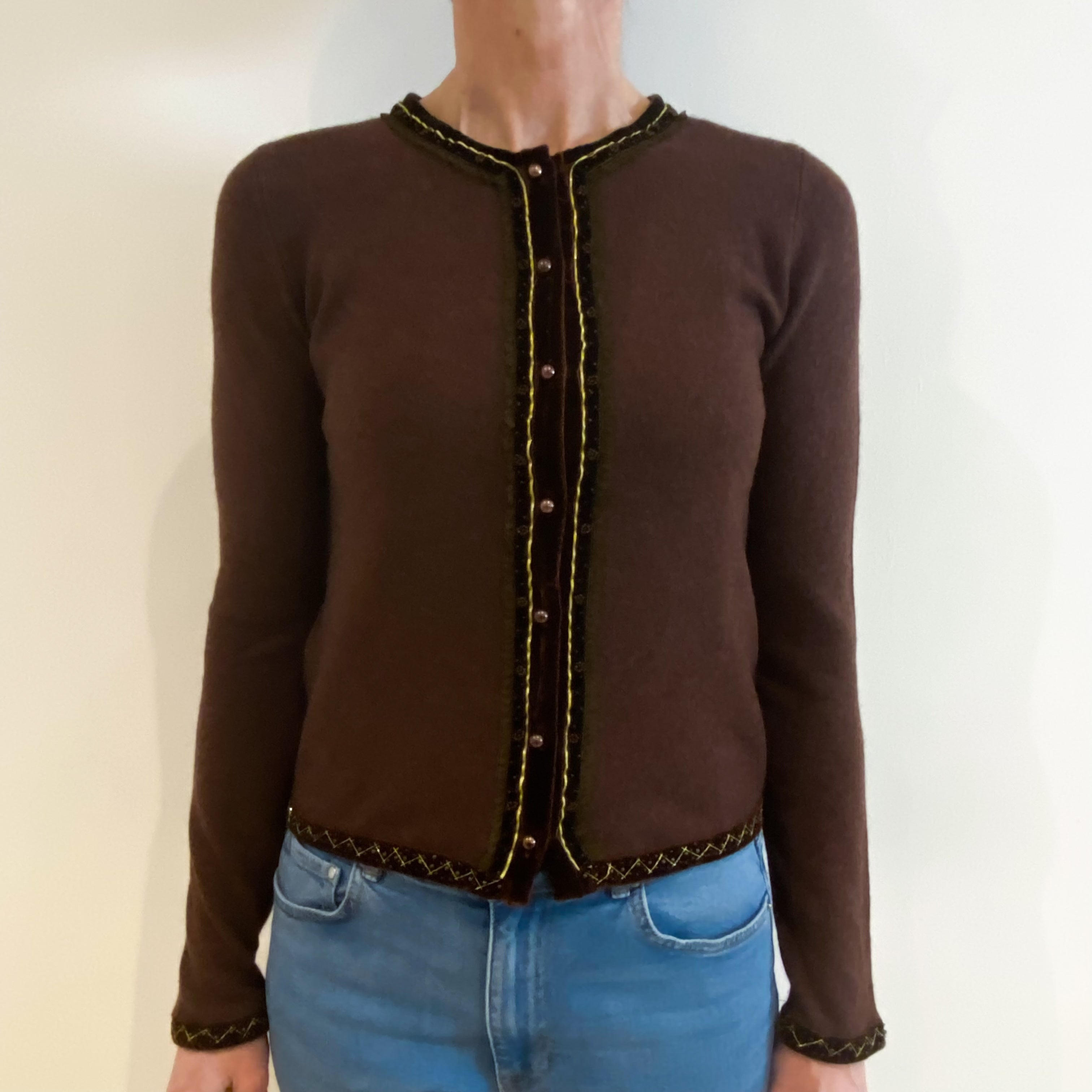 Umber Brown Cashmere Crew Neck Cardigan Small