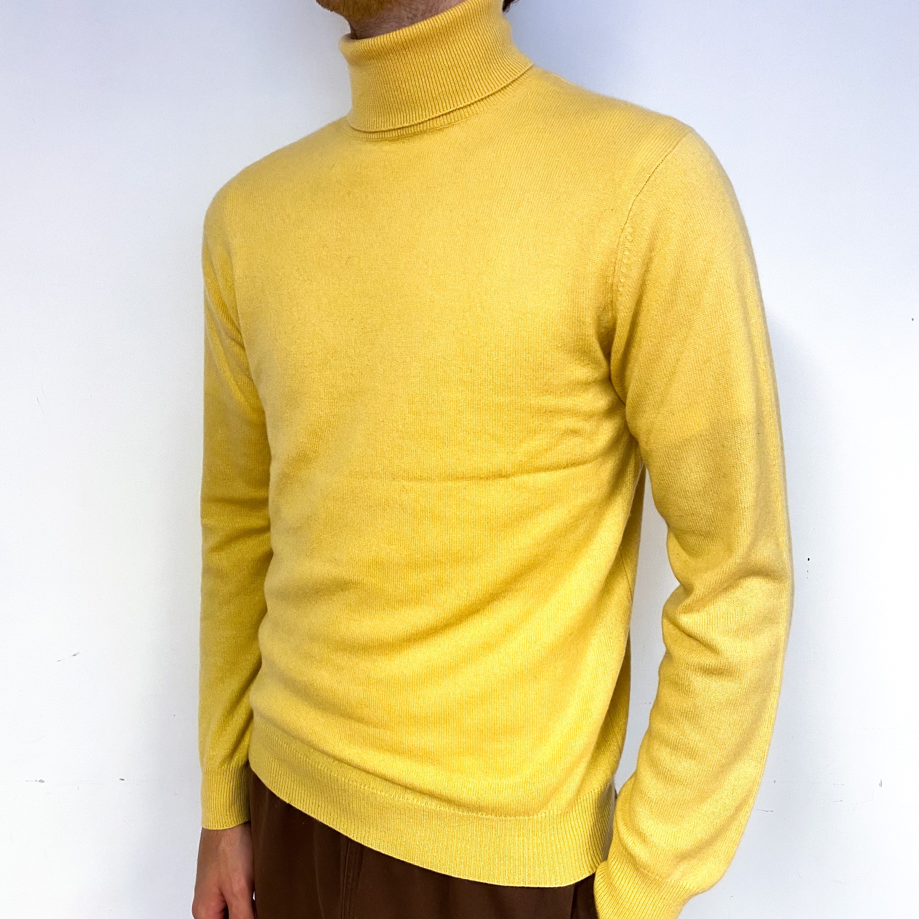 Men's Custard Yellow Cashmere Polo Neck Jumper Medium