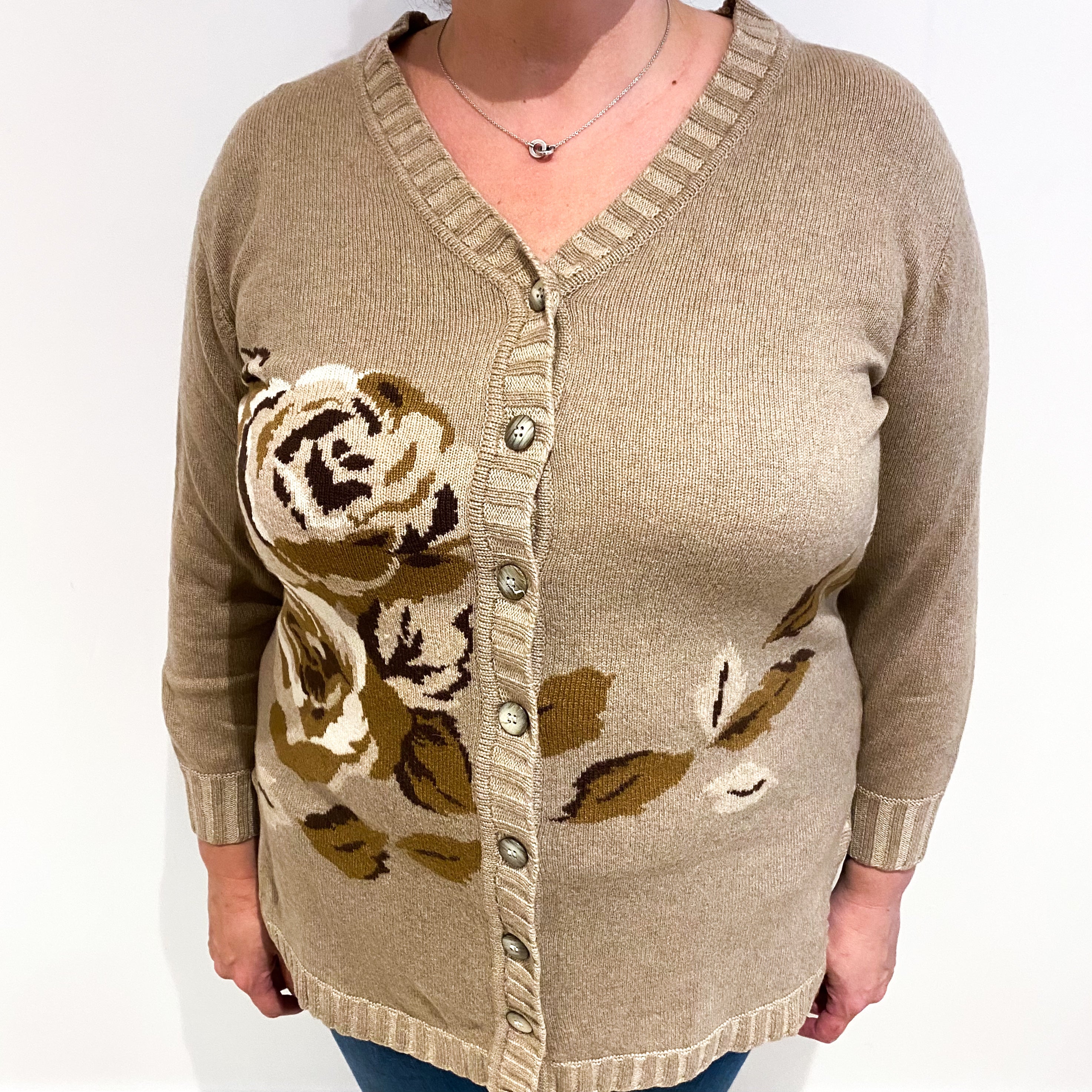 Fudge Brown Floral Cashmere V Neck Cardigan Extra Large