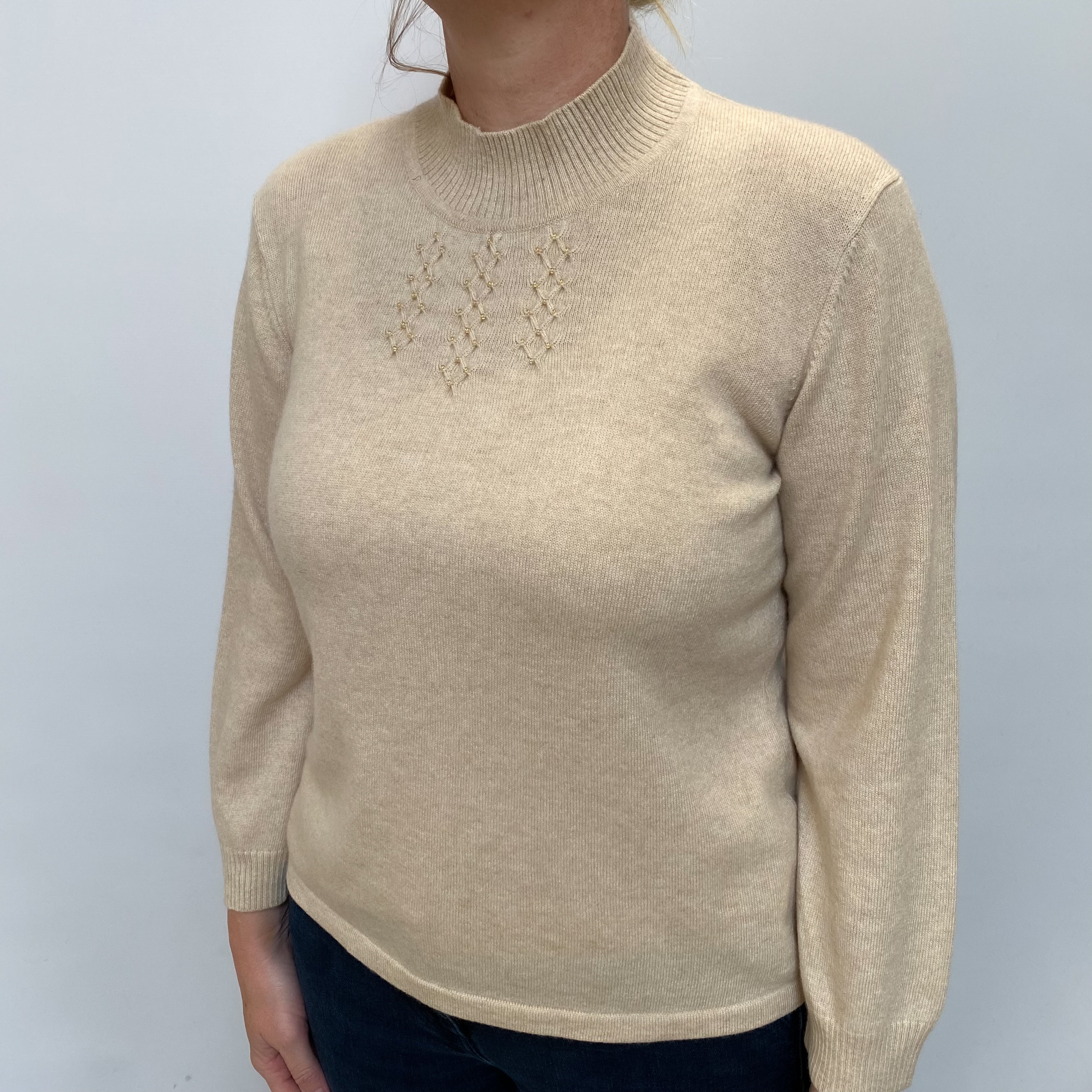 Beige Cashmere Embellished Turtle Neck Jumper Large