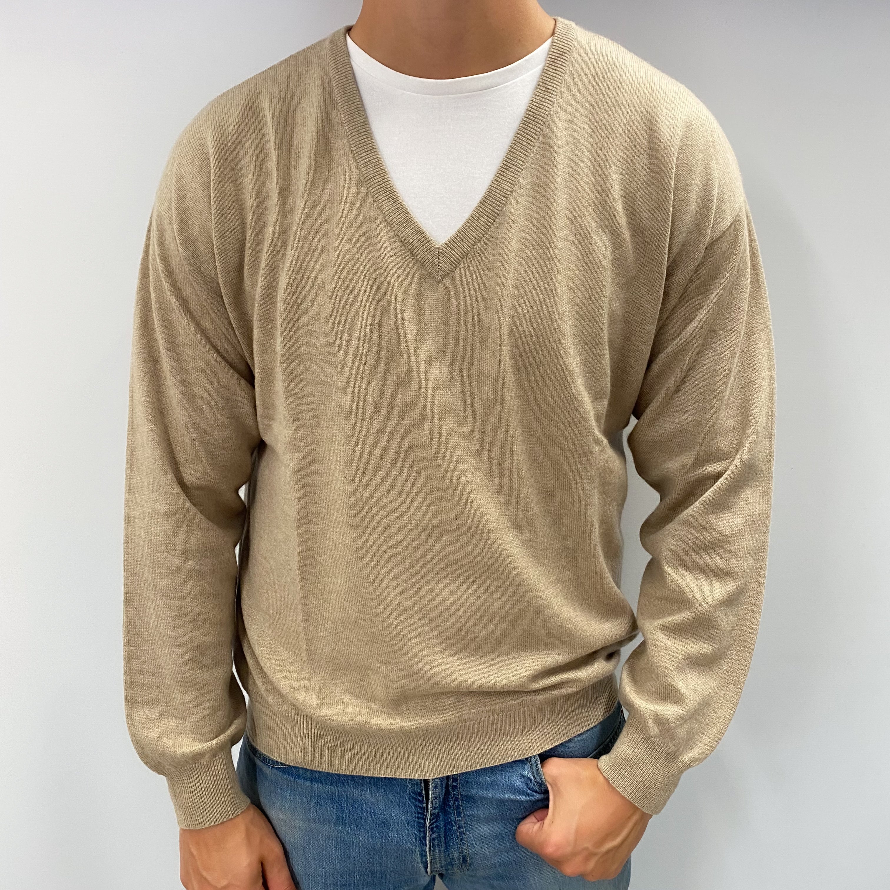 Men's Sand Beige Cashmere V Neck Jumper XL