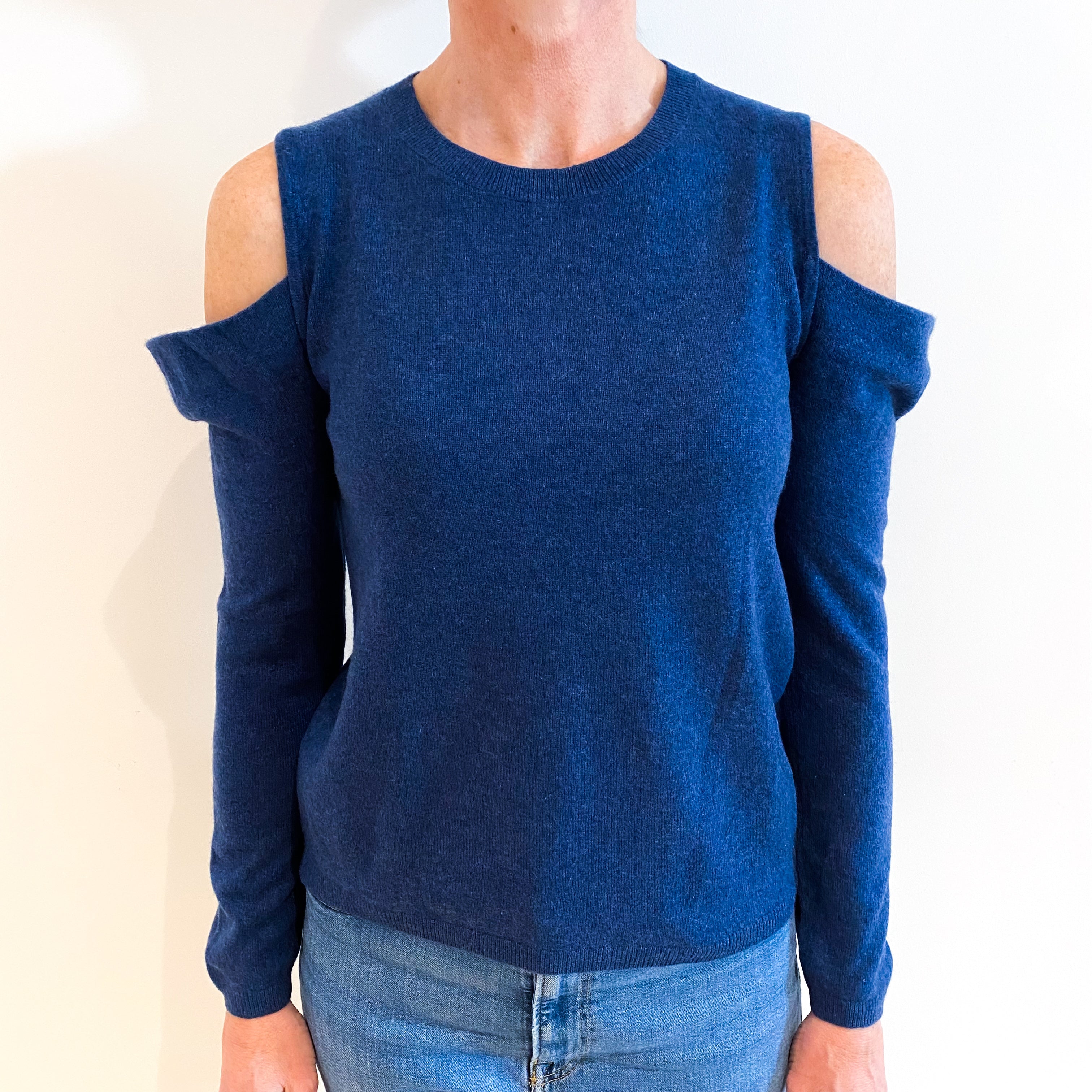 Naval Blue Cashmere Cold Shoulder Crew Neck Jumper Small