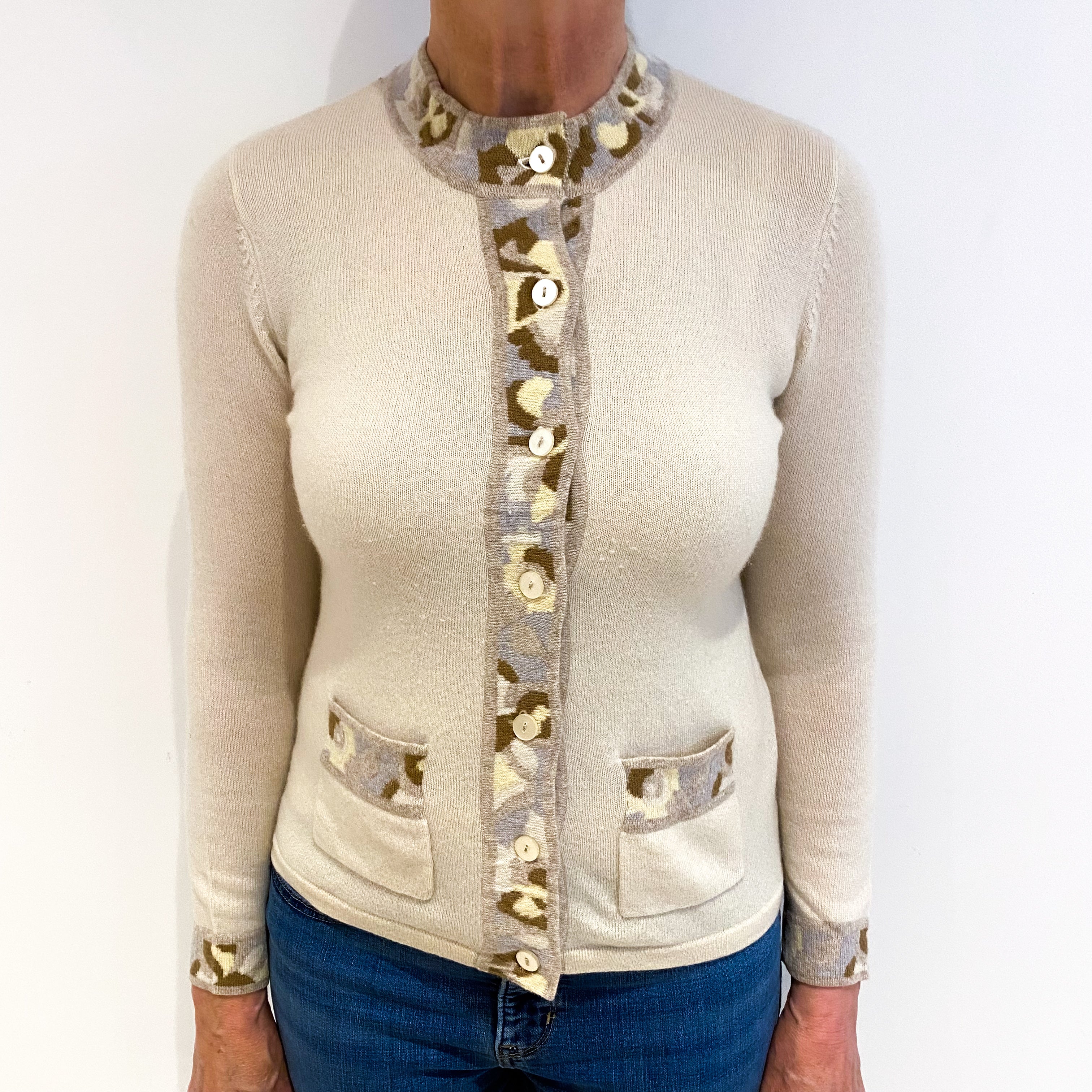 Soft Beige With Patterned Trim Cashmere Cardigan Medium