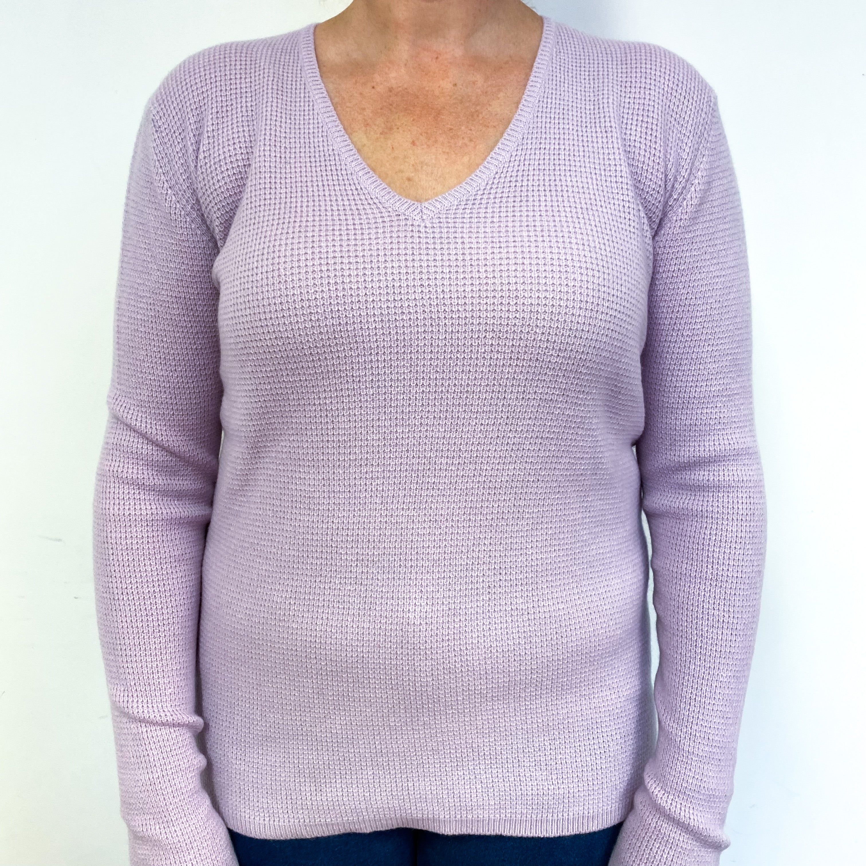 Lilac Purple Waffle Cashmere V-Neck Jumper Large