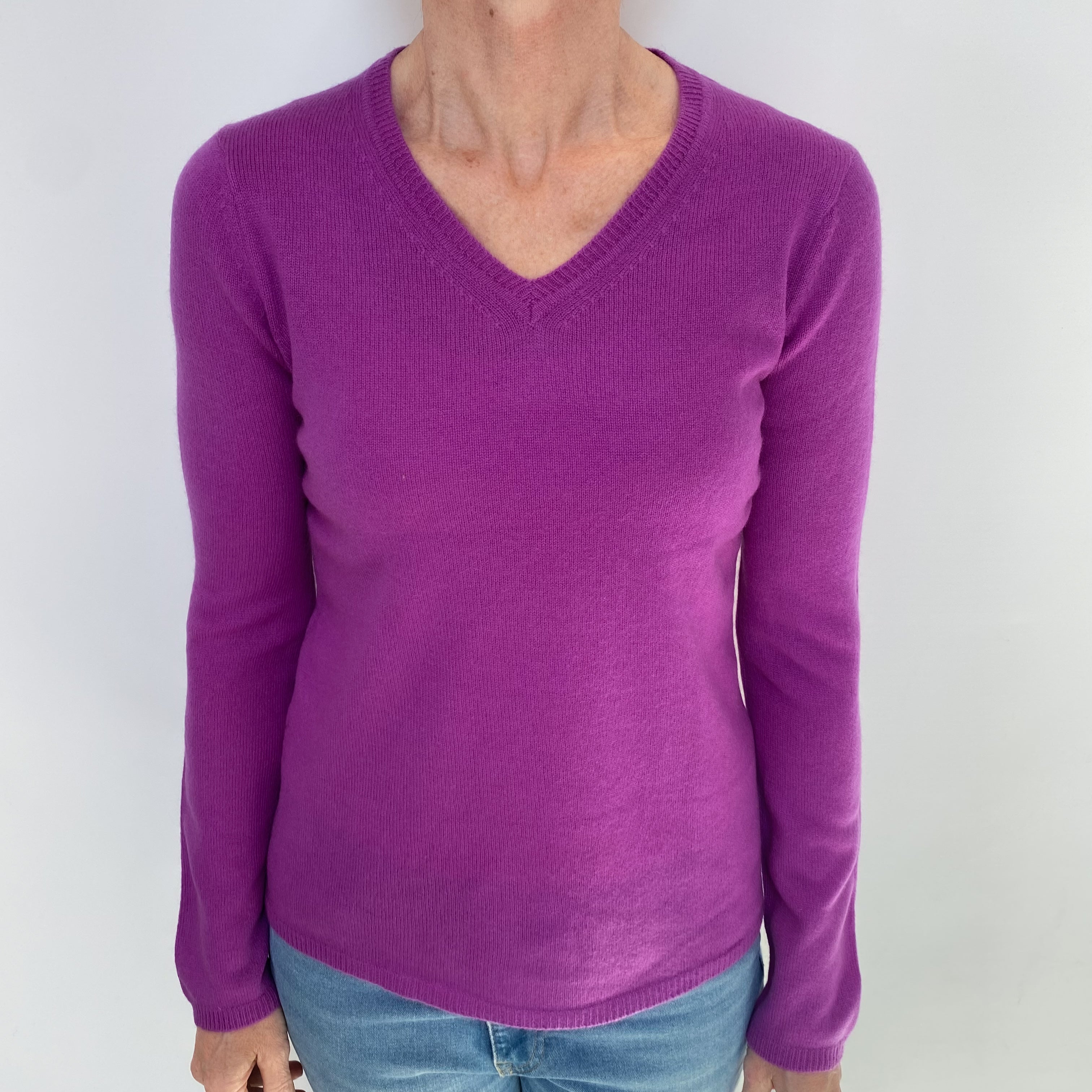 Magenta Purple Cashmere V Neck Jumper Small