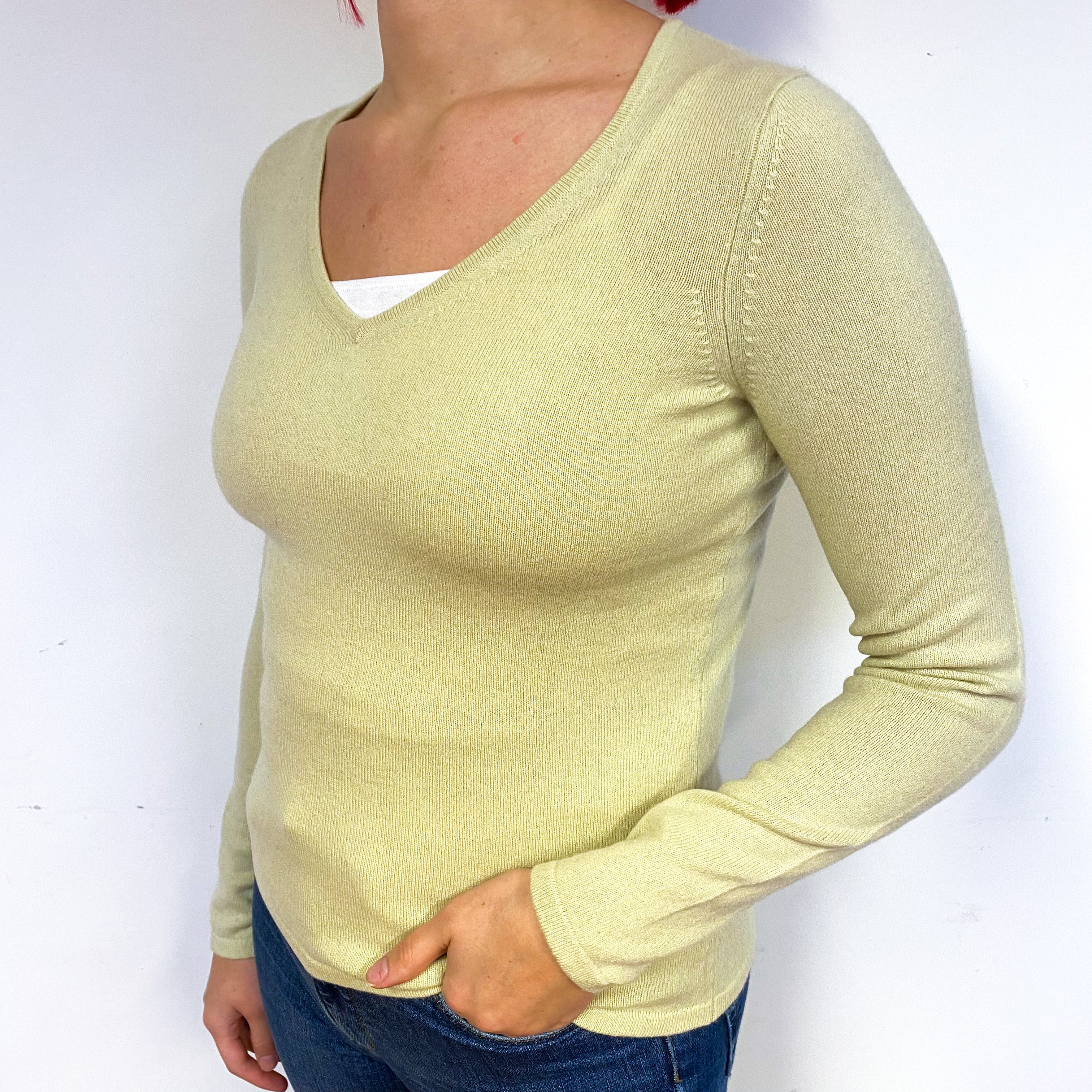 Celery Green Cashmere V-Neck Jumper Small