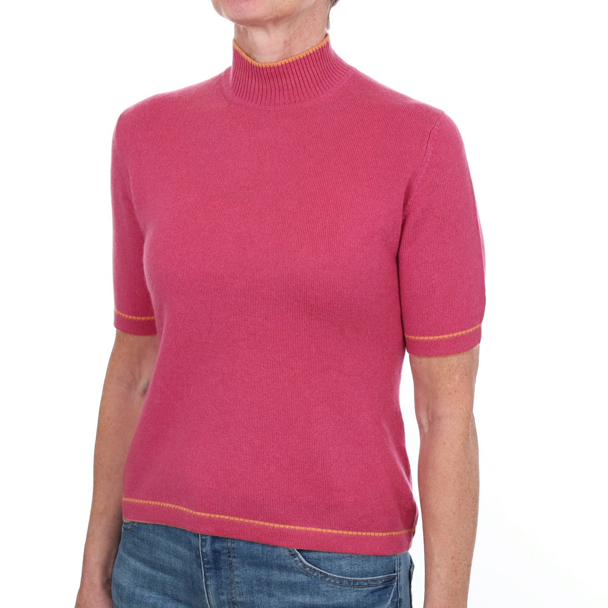 Raspberry Pink Cashmere Turtle Neck Short Sleeved Jumper Small