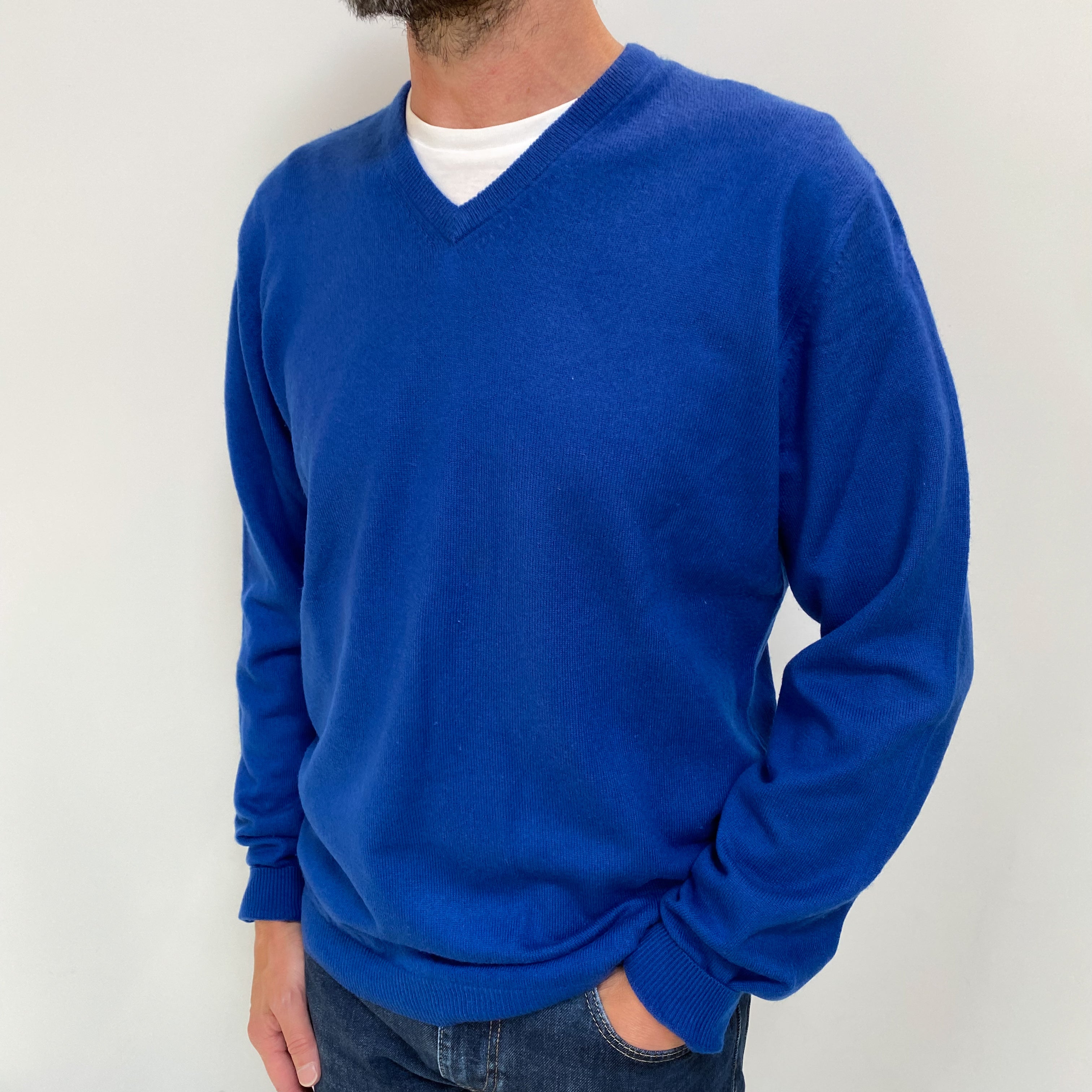 Men's Cobalt Blue Cashmere V Neck Jumper Small