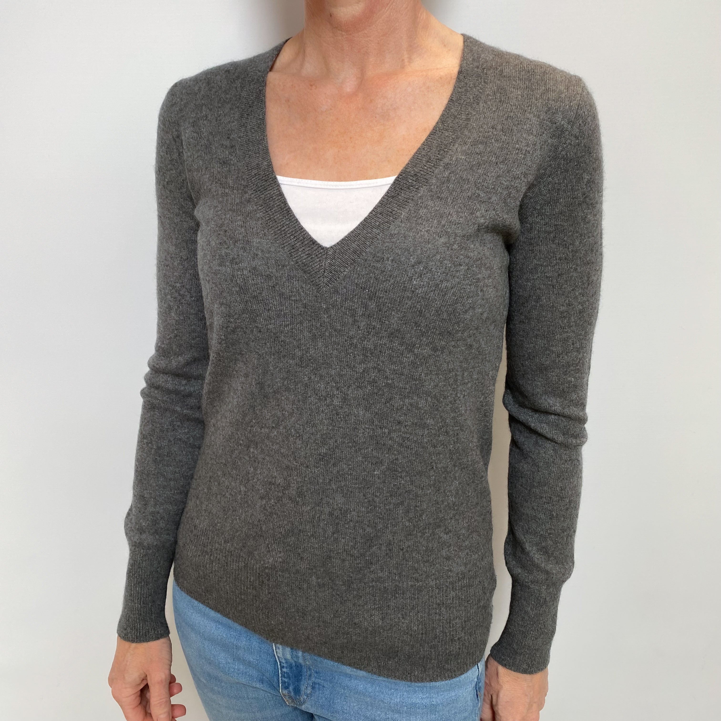 Slate Grey Cashmere V Neck Jumper Small