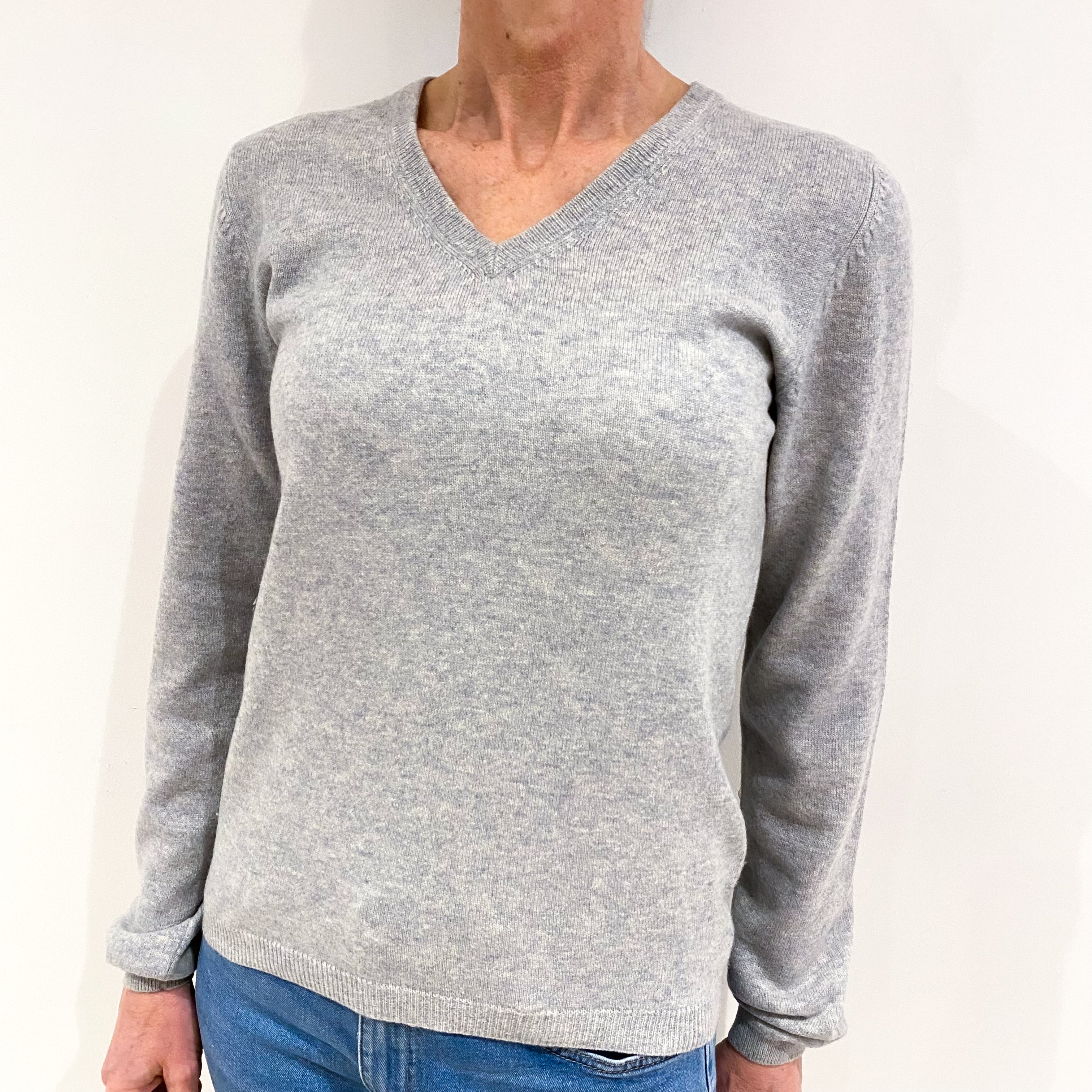 Light Smoke Grey Cashmere V Neck Jumper Small