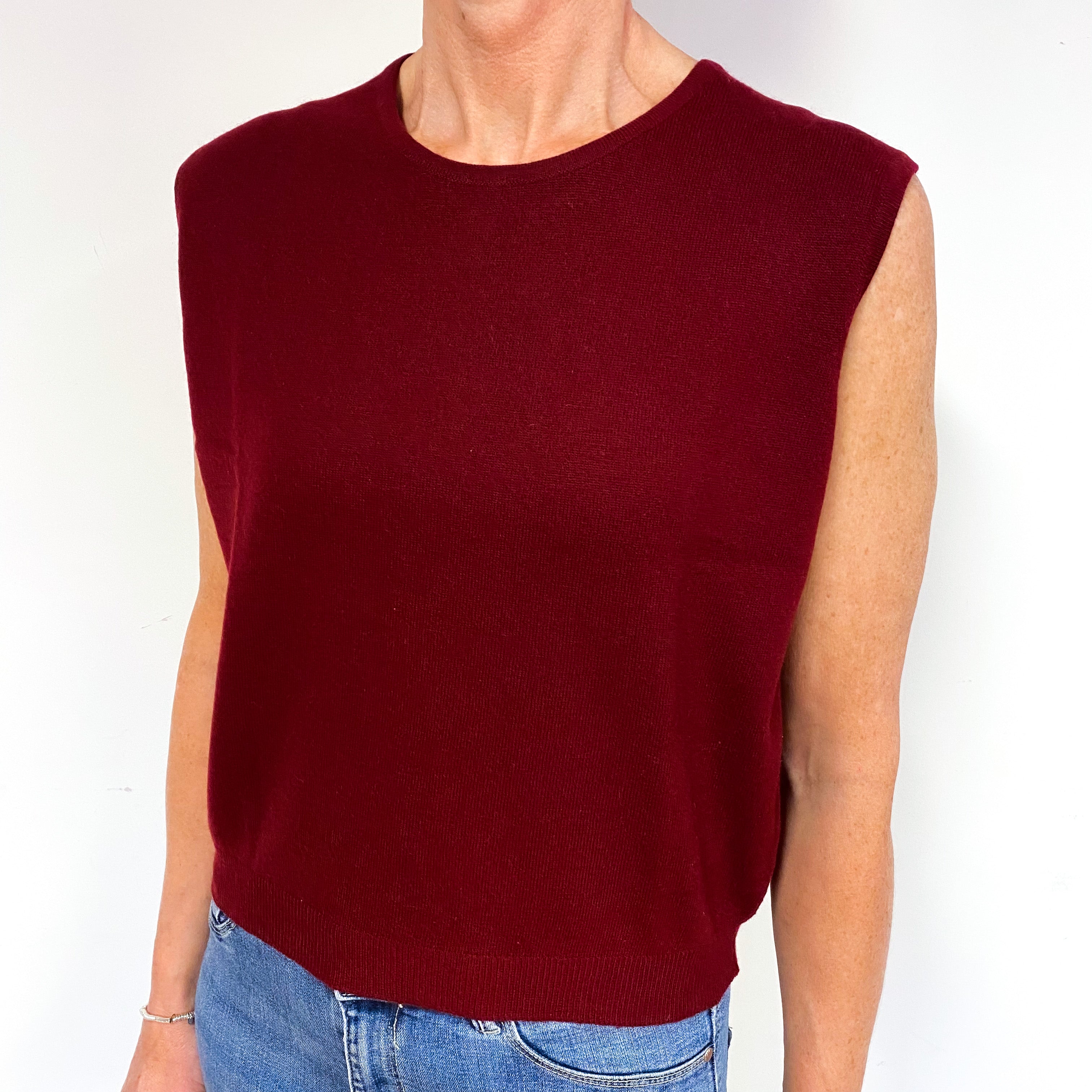 Wine Red Fine Knit Cashmere Crew Neck Tank Top Medium