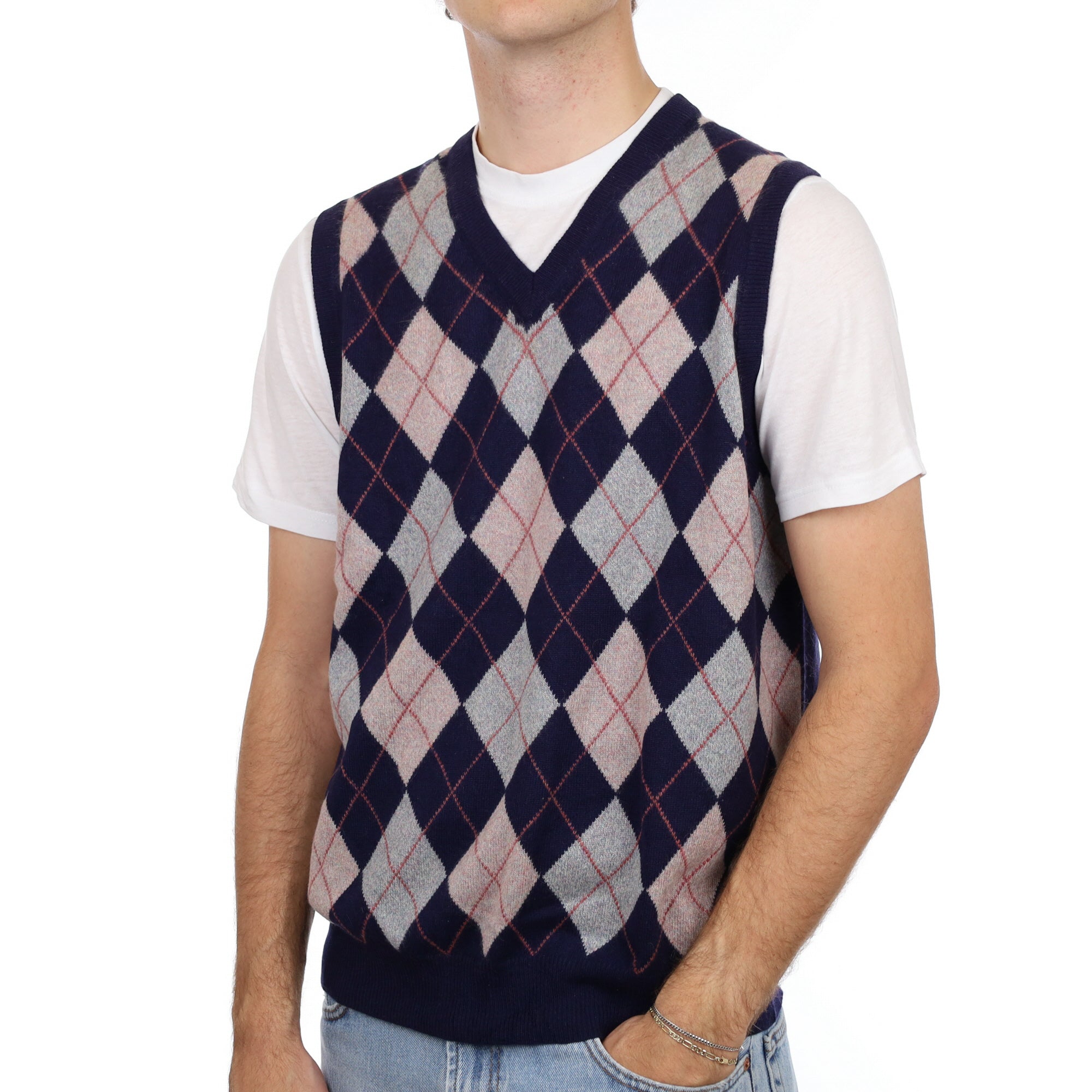 Men's Navy Blue Argyle Cashmere V Neck Vest Large