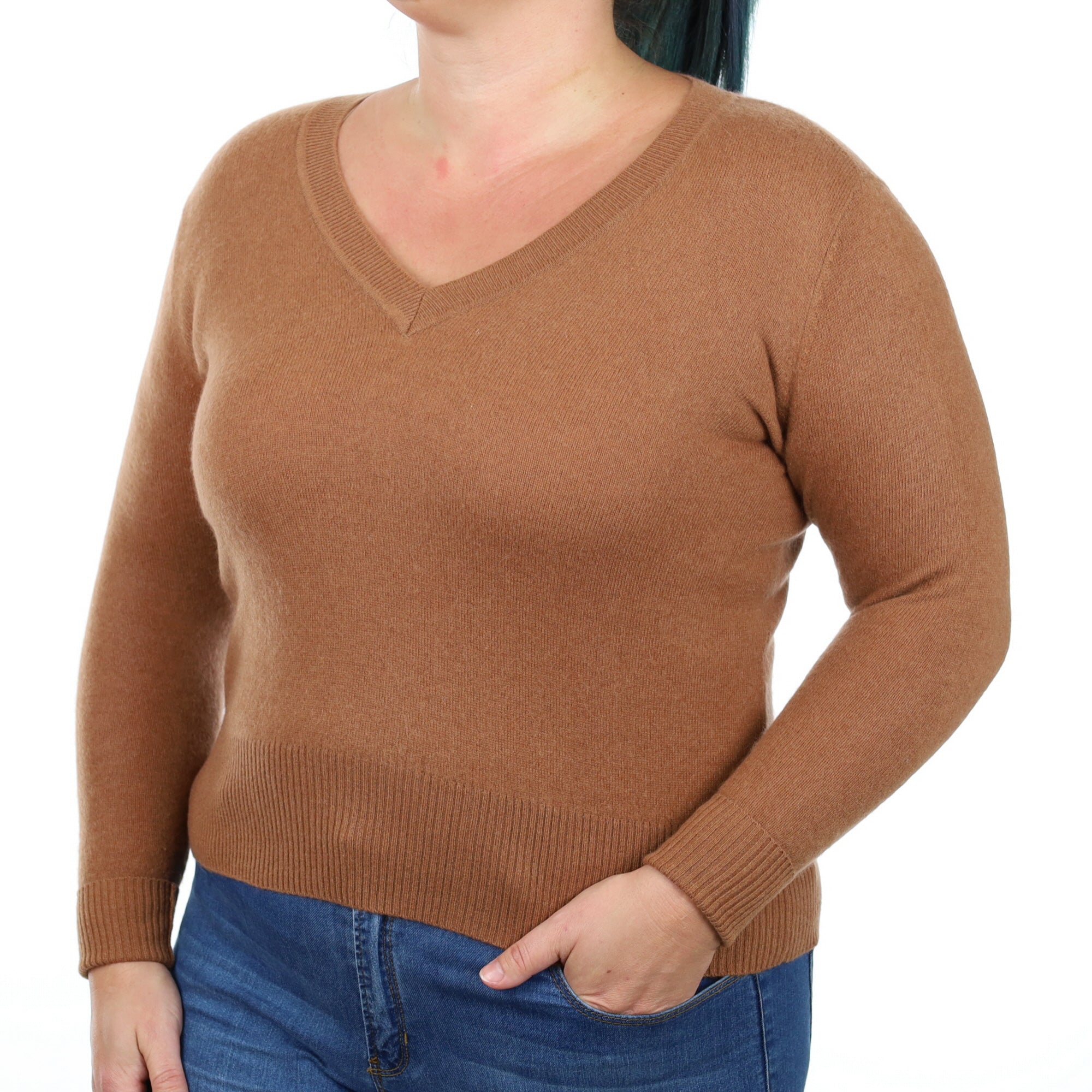 Cinnamon Brown Cashmere V Neck Jumper Large