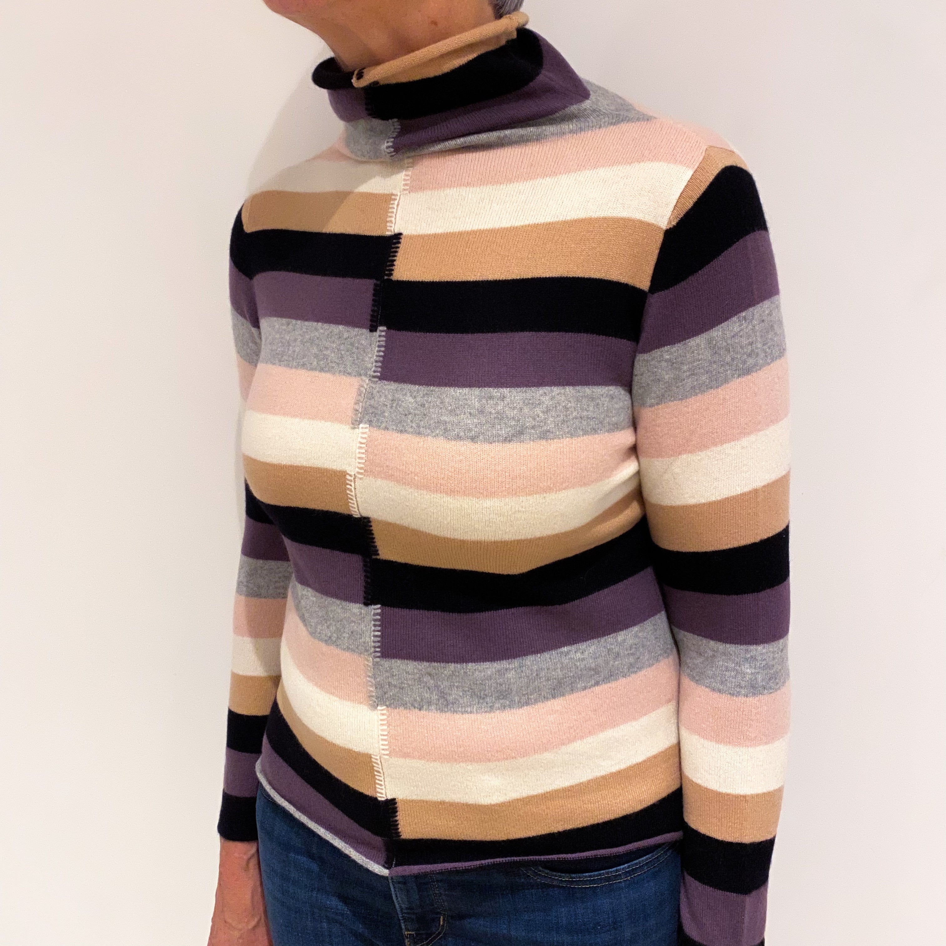 Multicolour Stripe Cashmere Funnel Neck Jumper Medium