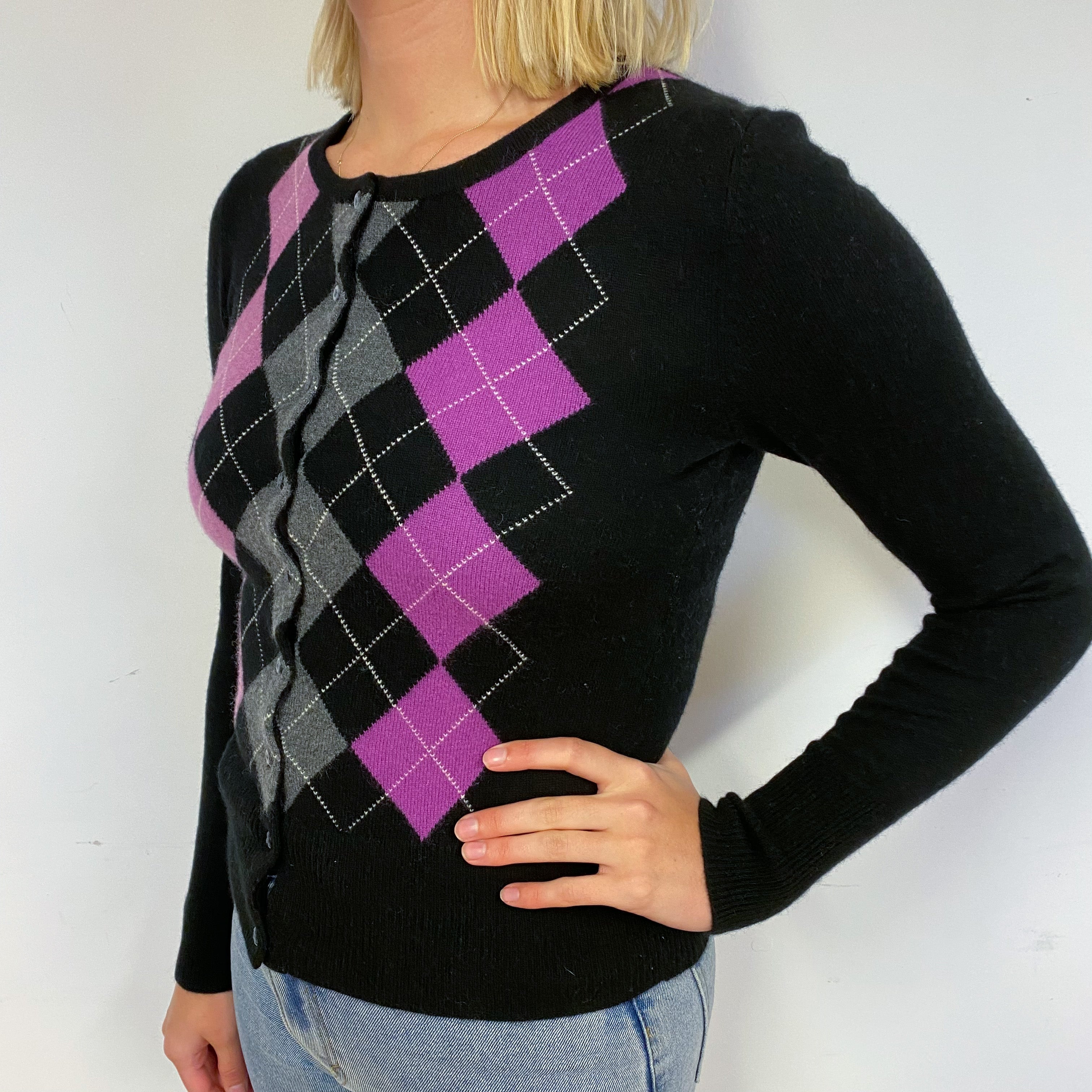 Black Argyle Cashmere Cardigan Small