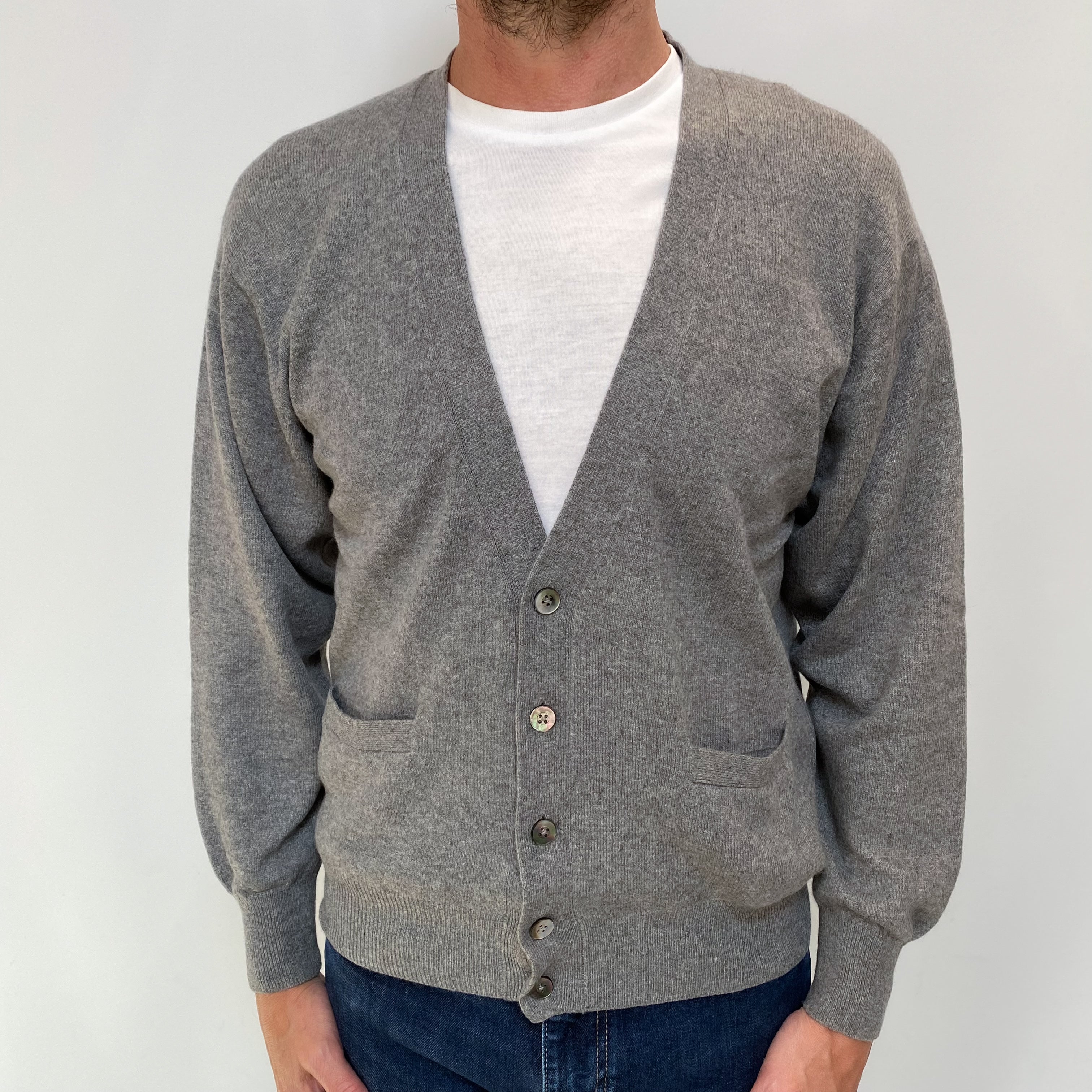 Men's Ash Grey Cashmere V Neck Cardigan Jumper Small