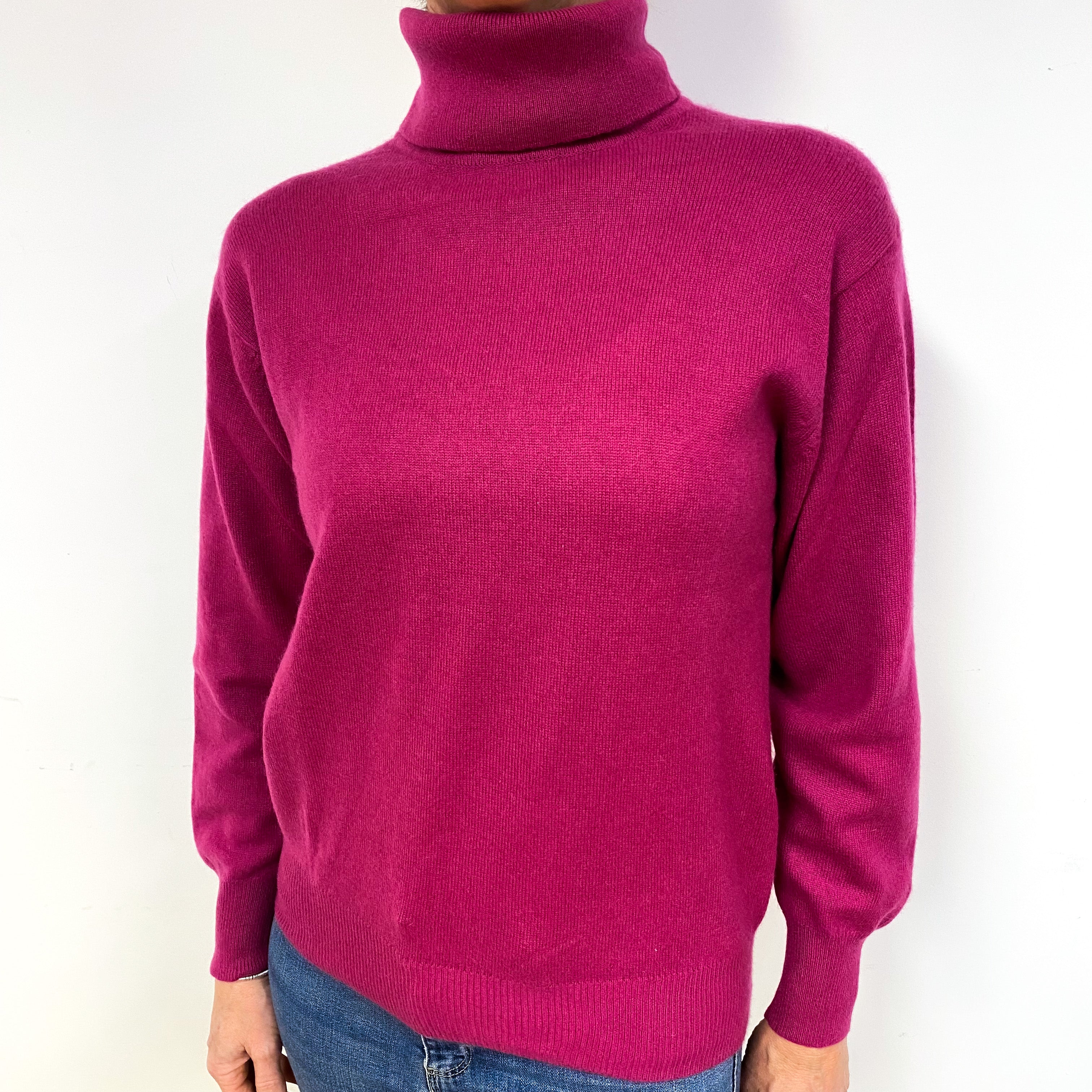 Fuchsia Pink Cashmere Polo Neck Jumper Medium