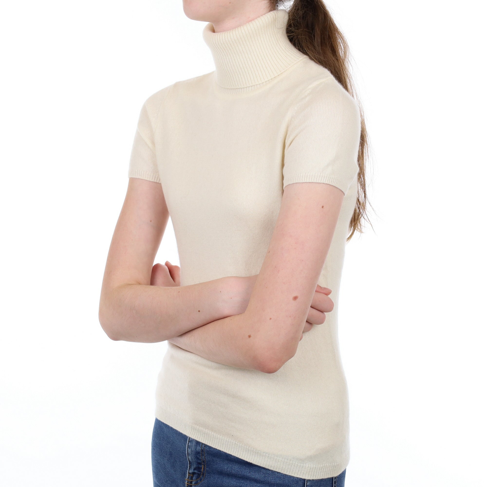 Vanilla Cream Cashmere Polo Neck Short Sleeved Jumper Extra Small