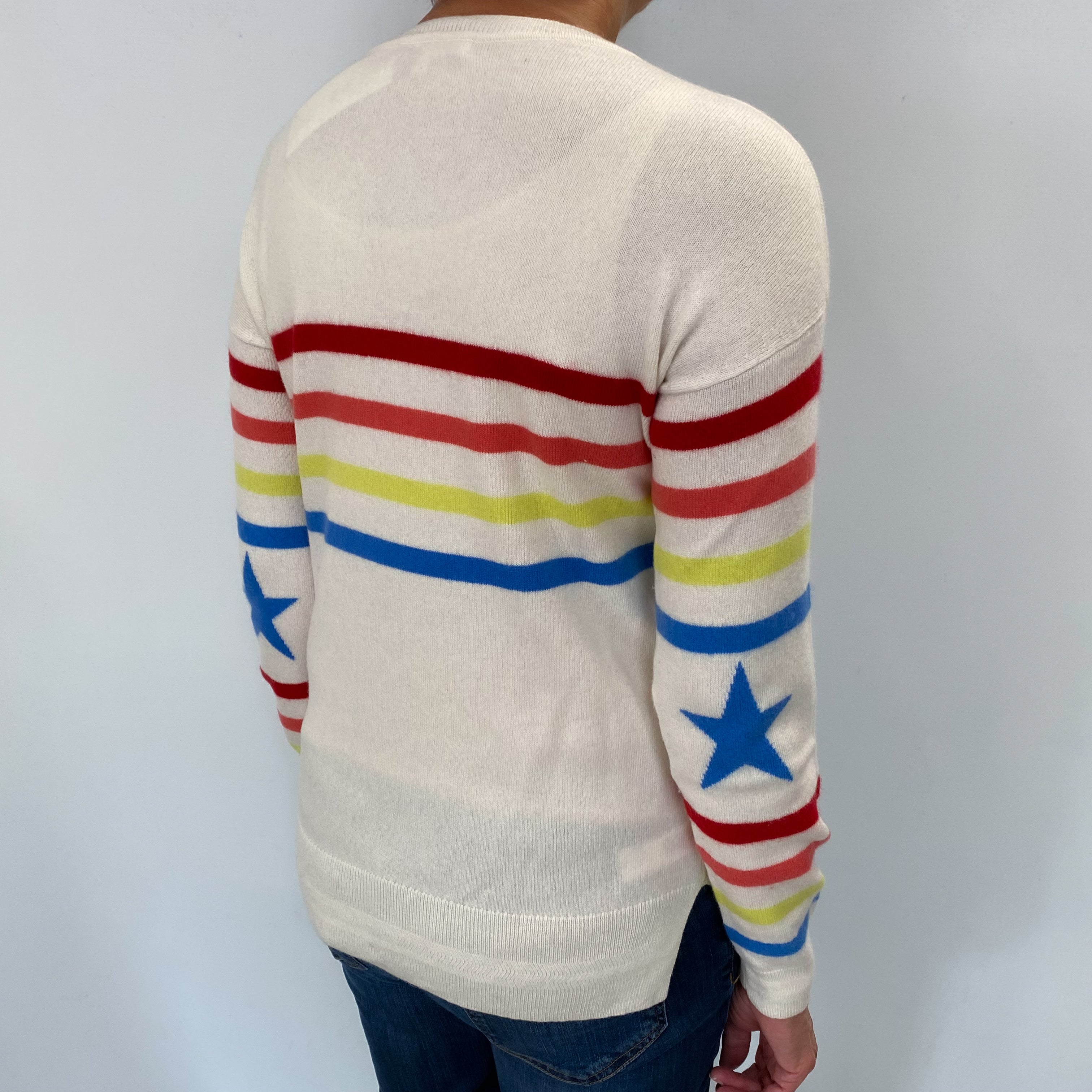 Cream Stripe Cashmere Crew Neck Jumper Medium