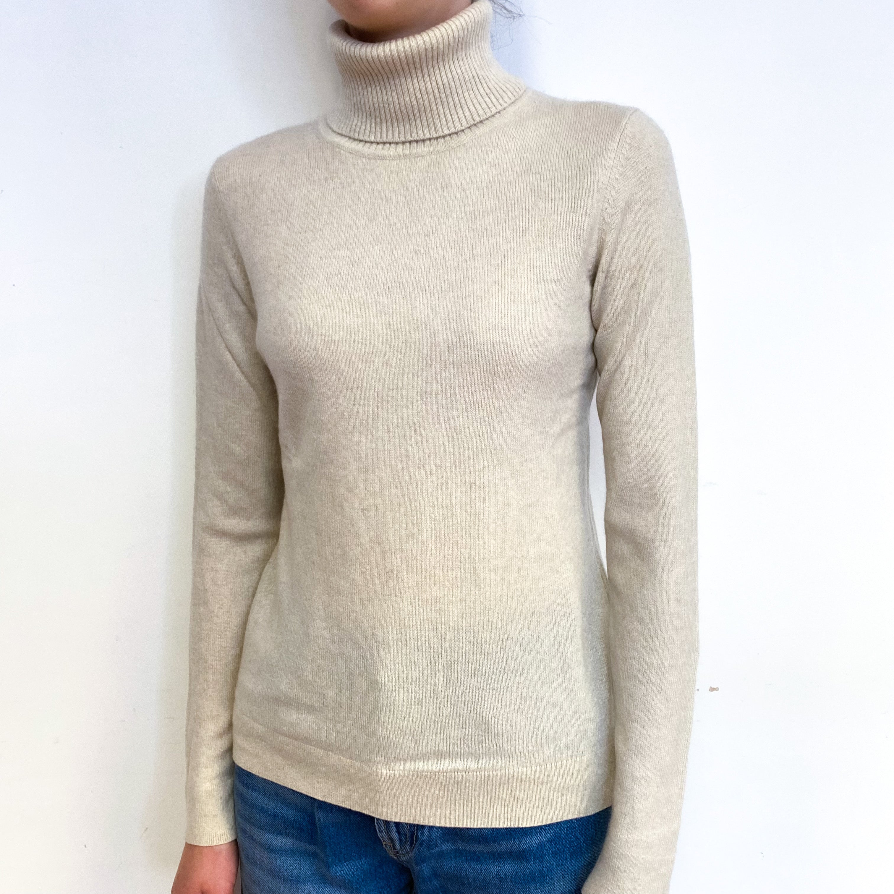 Oatmeal Beige Cashmere Polo Neck Jumper Extra Small