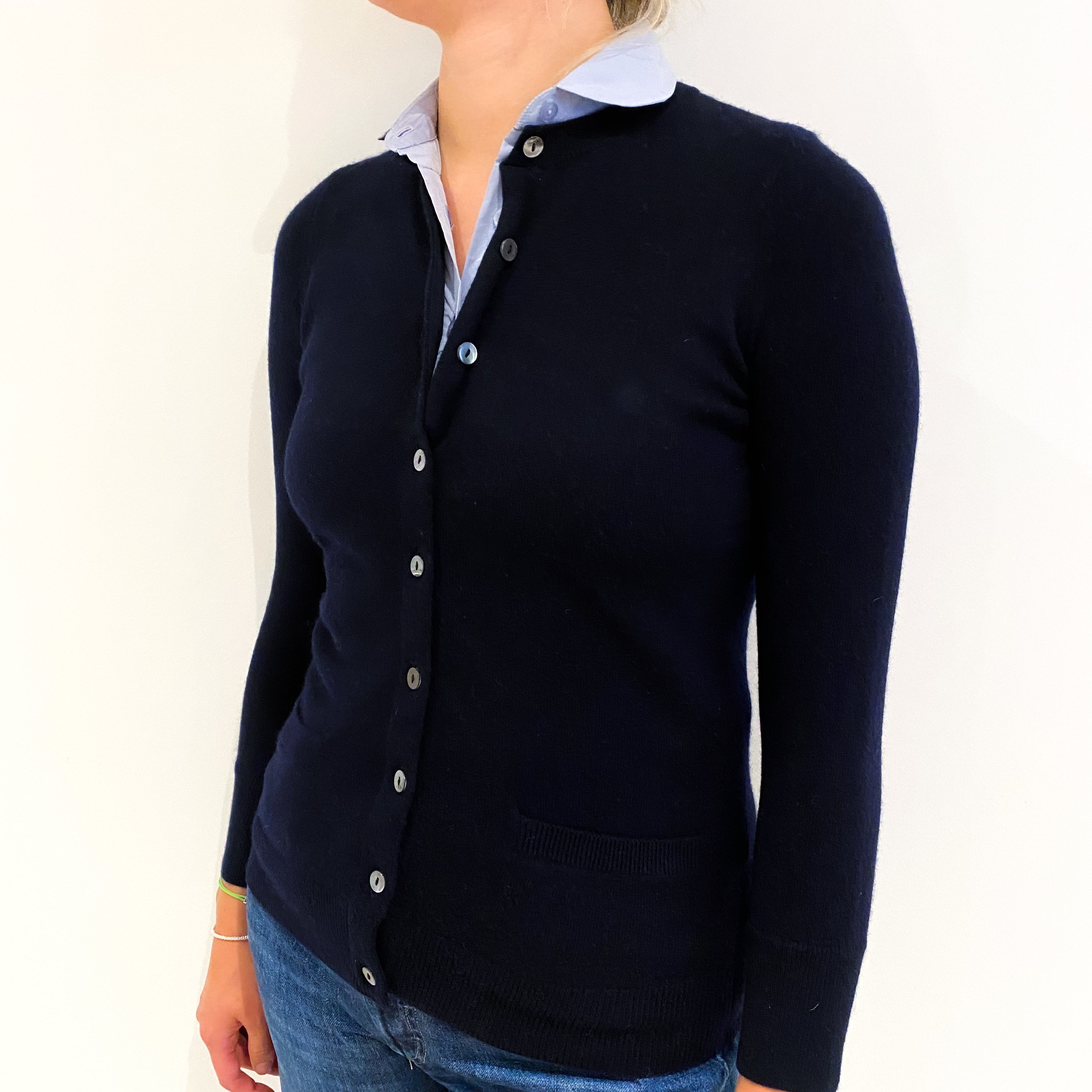 Vince Navy Blue Faux Shirt Cashmere Cardigan Small