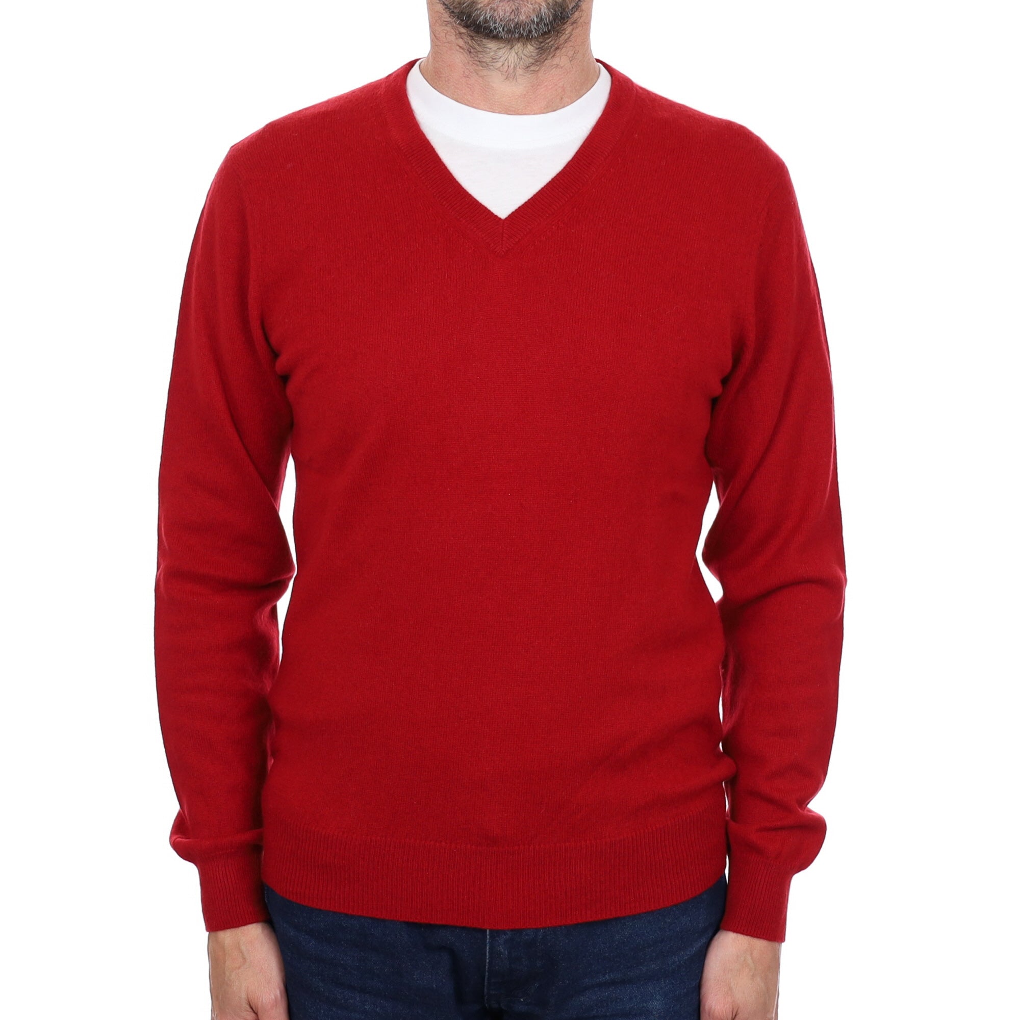 Men's Crimson Red Cashmere V Neck Jumper Small