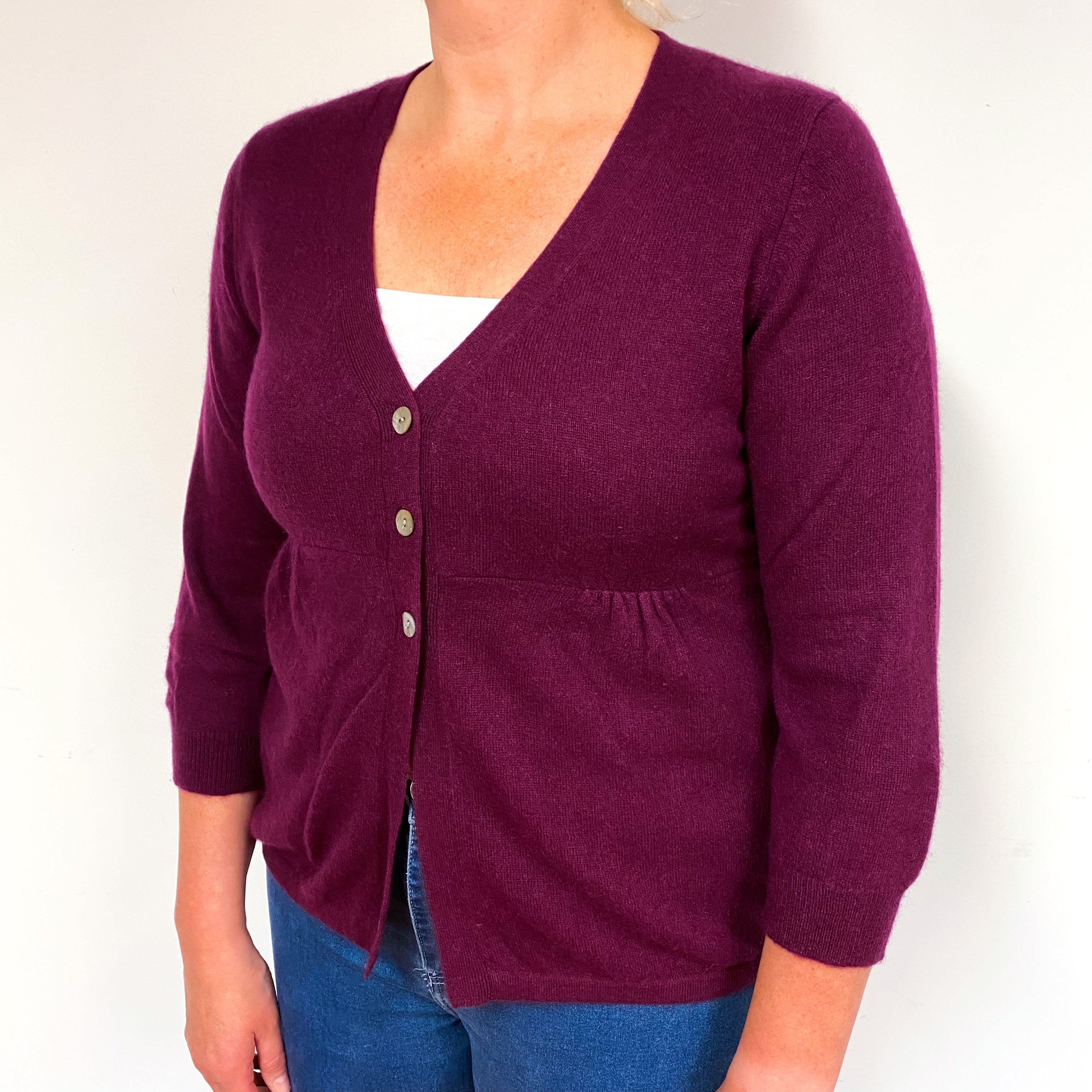 Mulberry Purple 3/4 Sleeve Cashmere Empire Waist Cardigan Large