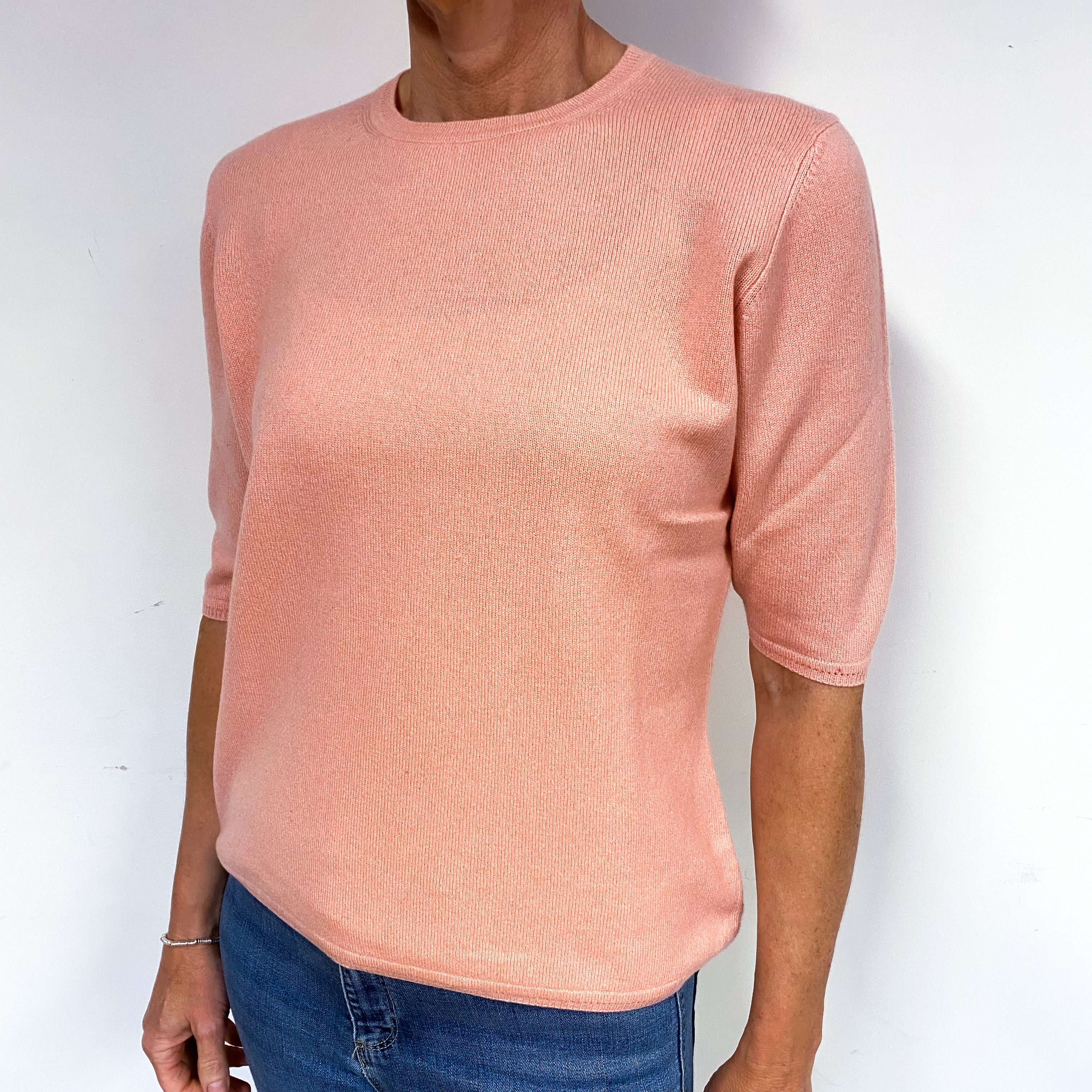 Flamingo Pink Short Sleeve Cashmere Crew Neck Jumper Medium