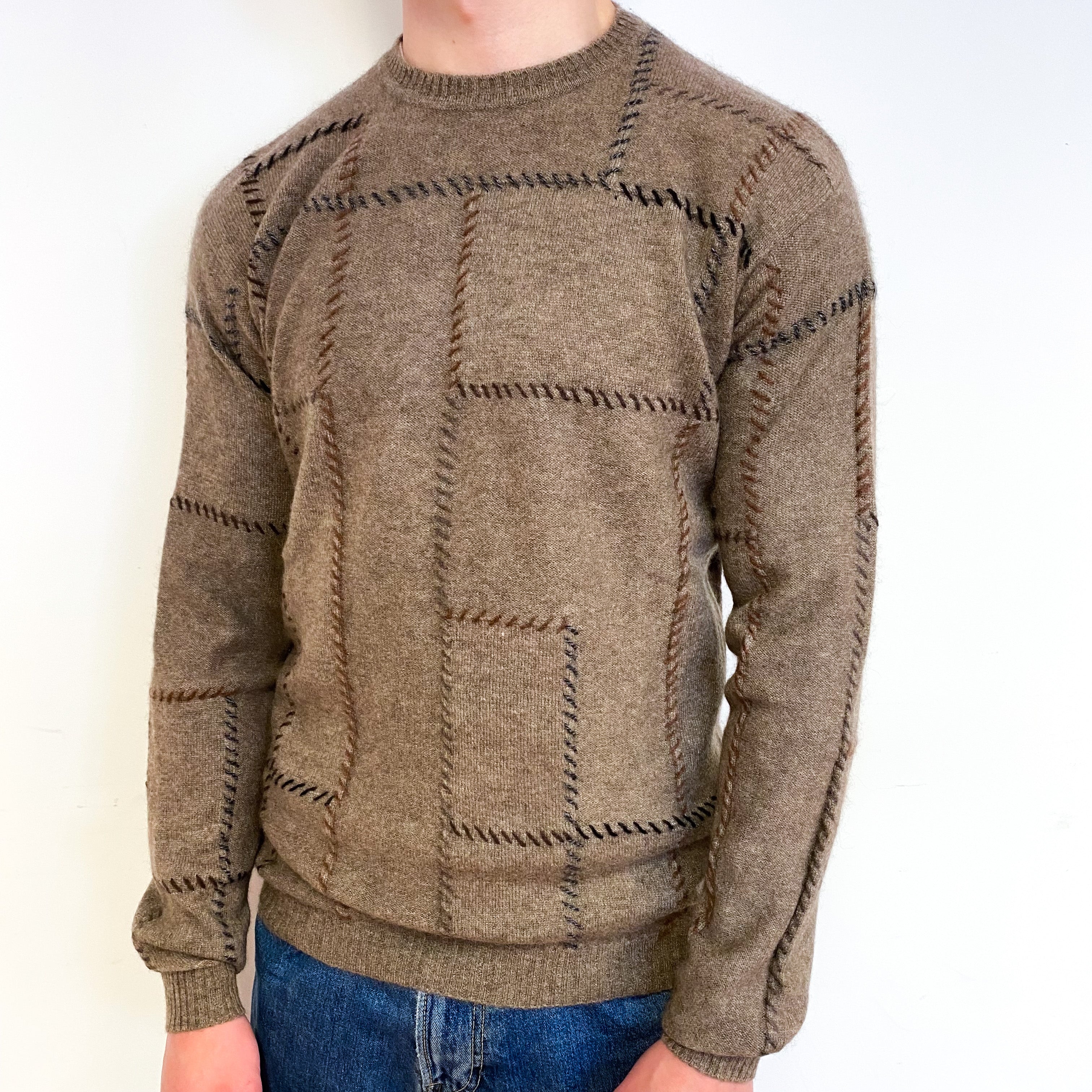 Men's Donkey Brown Geometric Cashmere Crew Neck Jumper Small