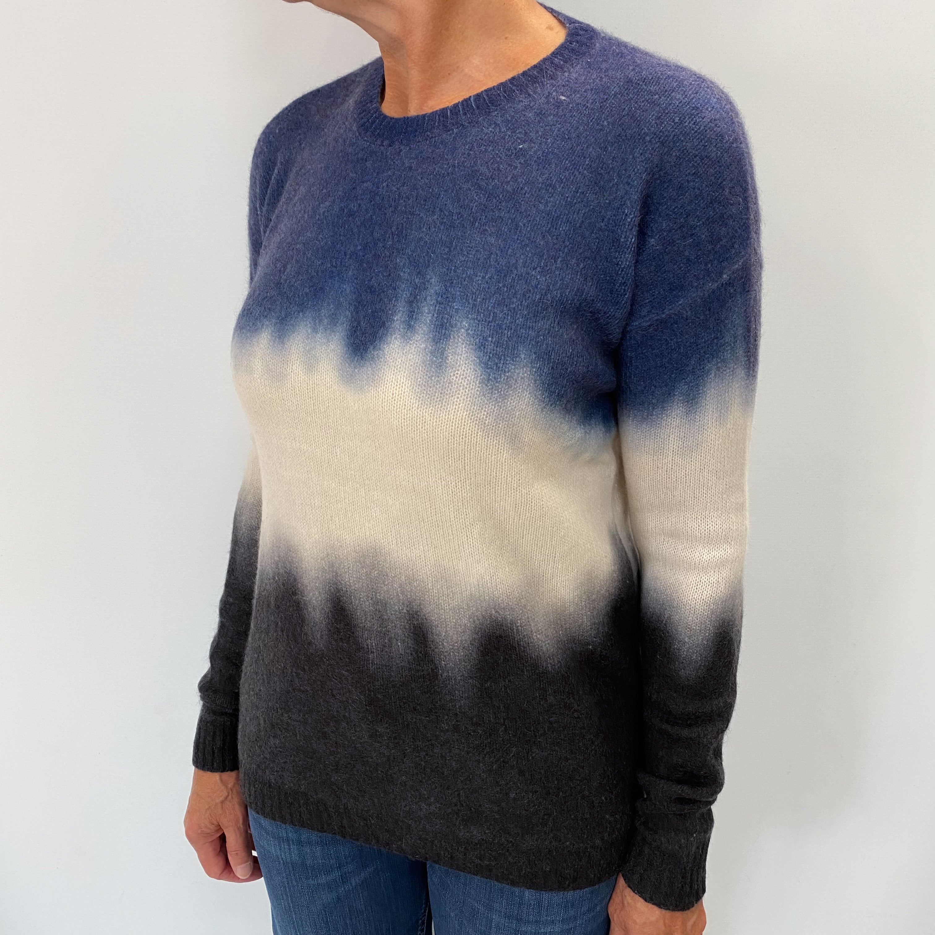 Ombre Navy Cream and Grey Colour Block Cashmere Crew Neck Jumper Medium