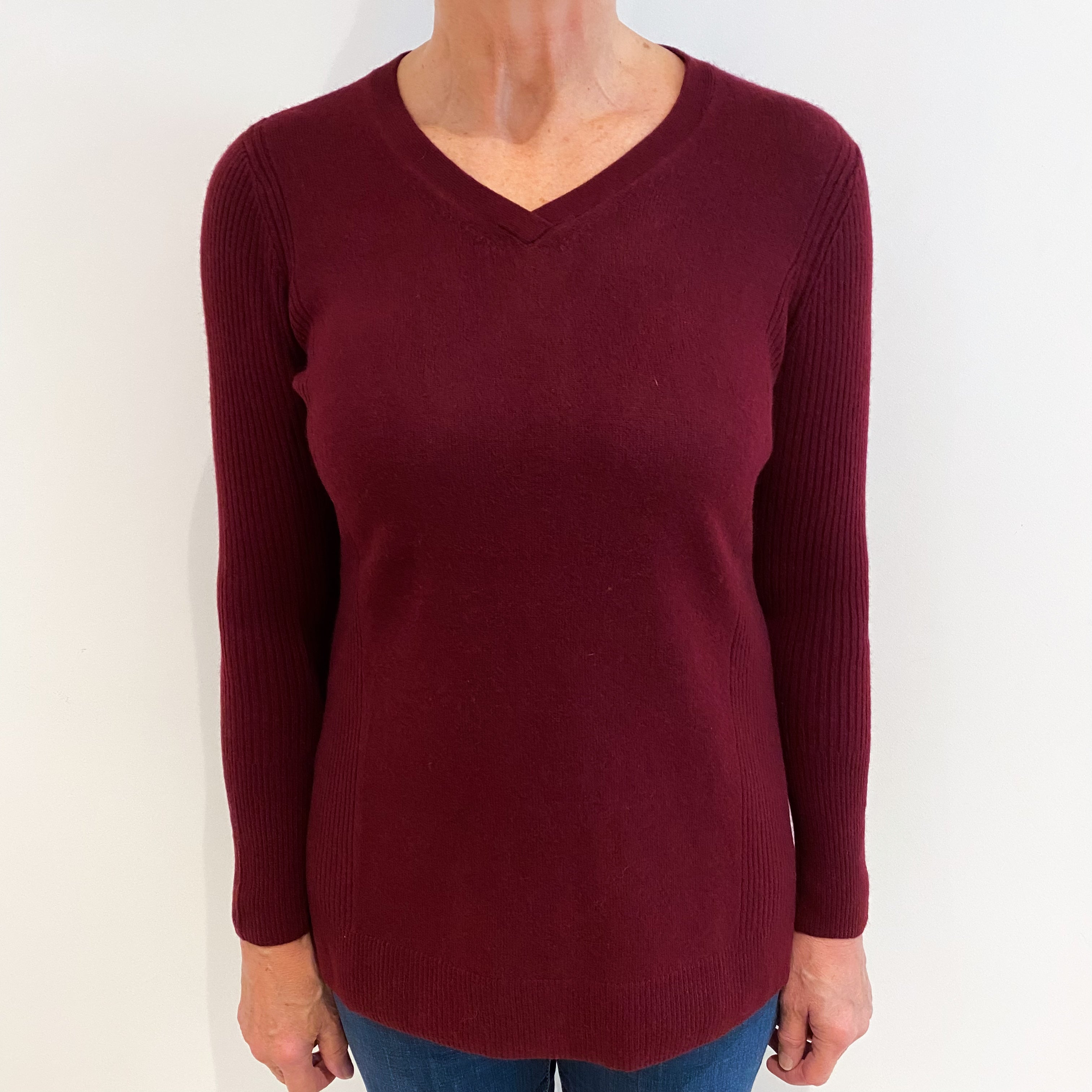 Wine Red Rib Detail Cashmere V Neck Jumper Medium