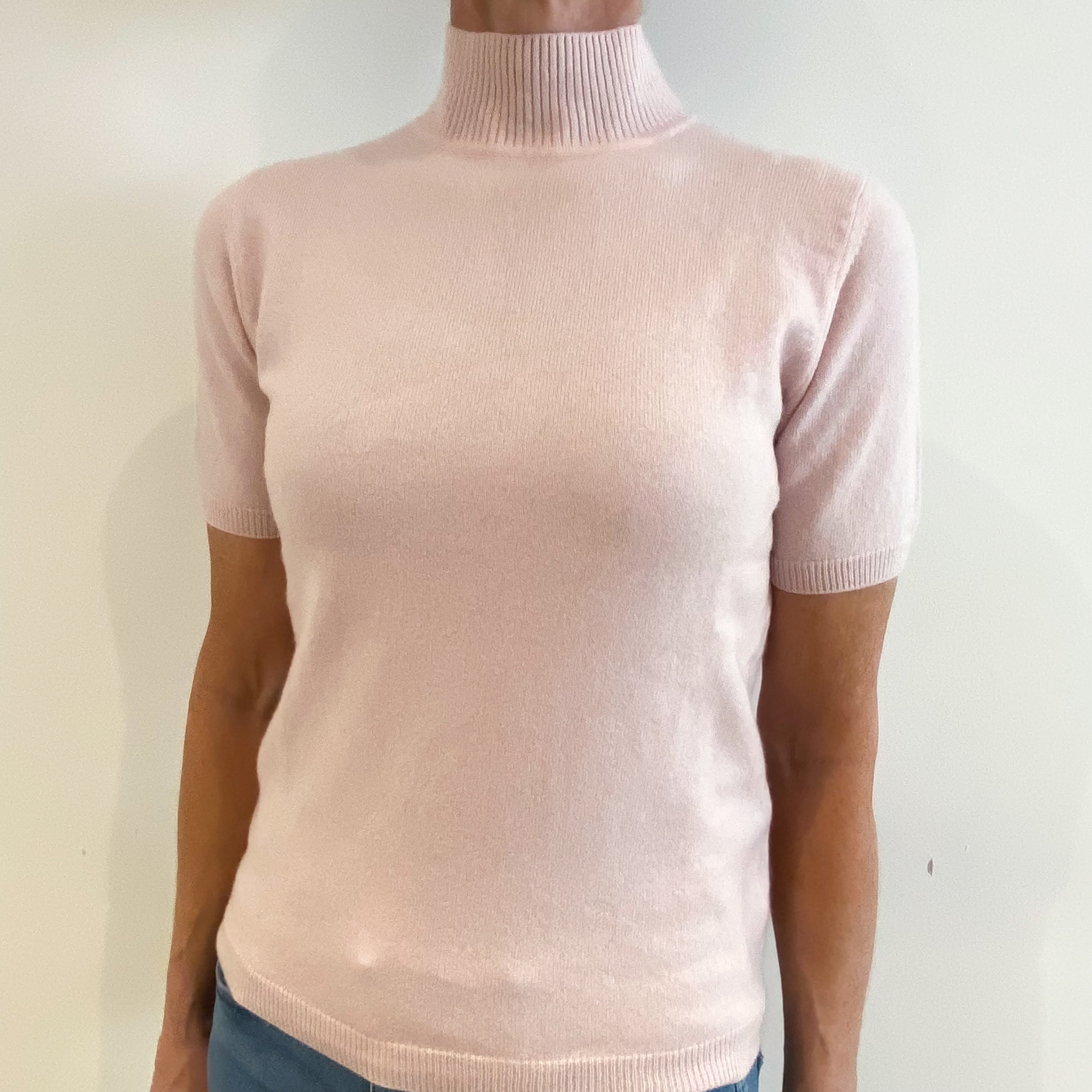 Carnation Pink Cashmere Short Sleeved Turtle Neck Jumper Small