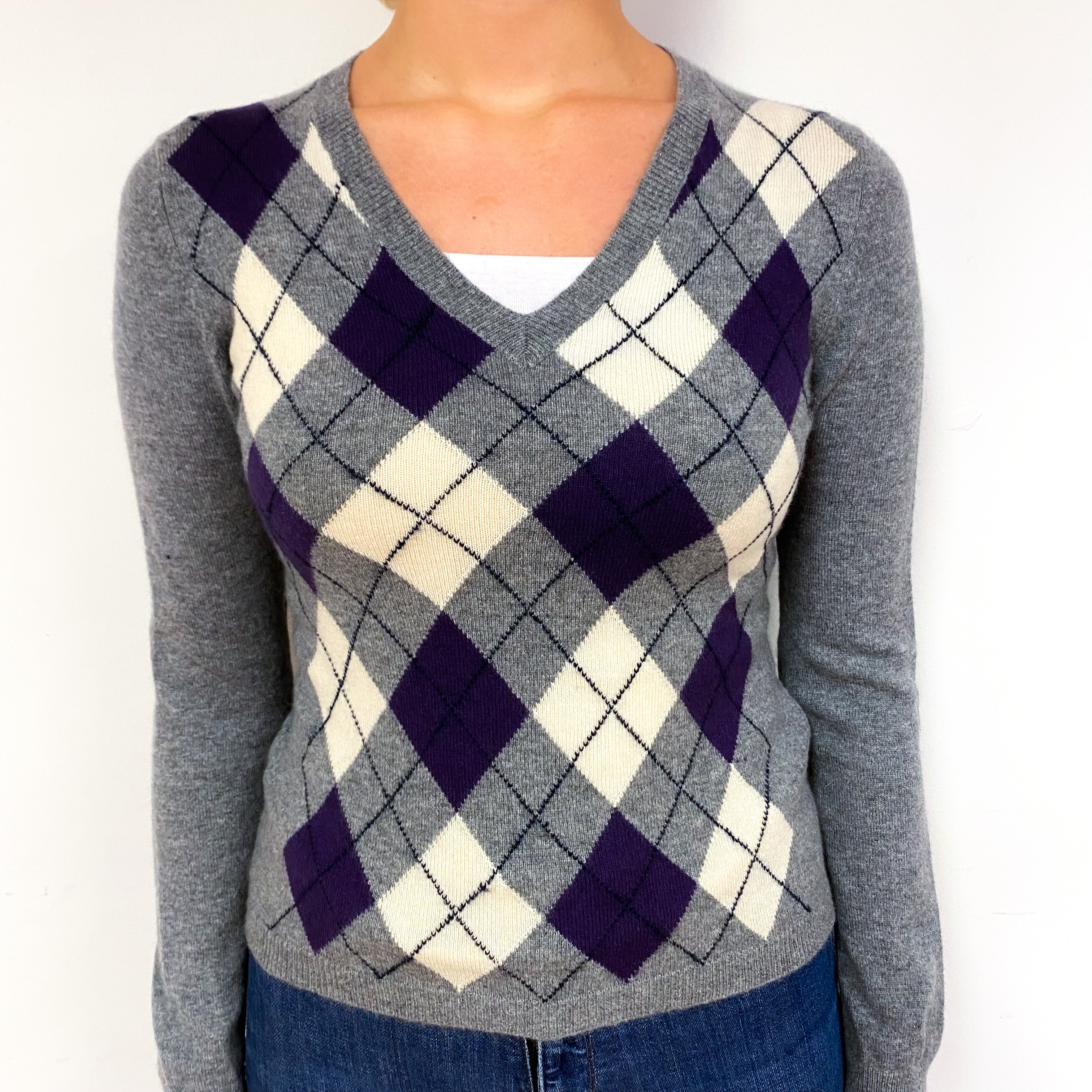 Grey Purple Argyle Cashmere V-Neck Jumper Small